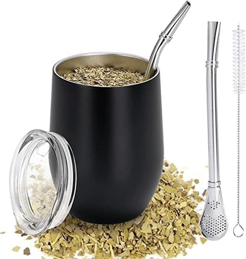 Tasse Mate moderne 340 ml, ensemble de tasses isothermes à double paroi en acier inoxydable Yerba Mate, tasse à thé Mate avec couvercle sans BPA, bombillas et brosse de nettoyage (argent)