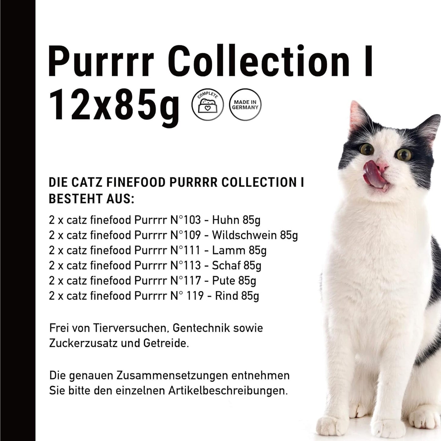 Catz Finefood Purrrr Collection I - Nourriture humide monoprotéinée pour chats - Sans céréales, sans sucre, hypoallergénique - Haute teneur en viande - Multipack de nourriture humide pour chats - En sachets, 85 g (12 paquets)