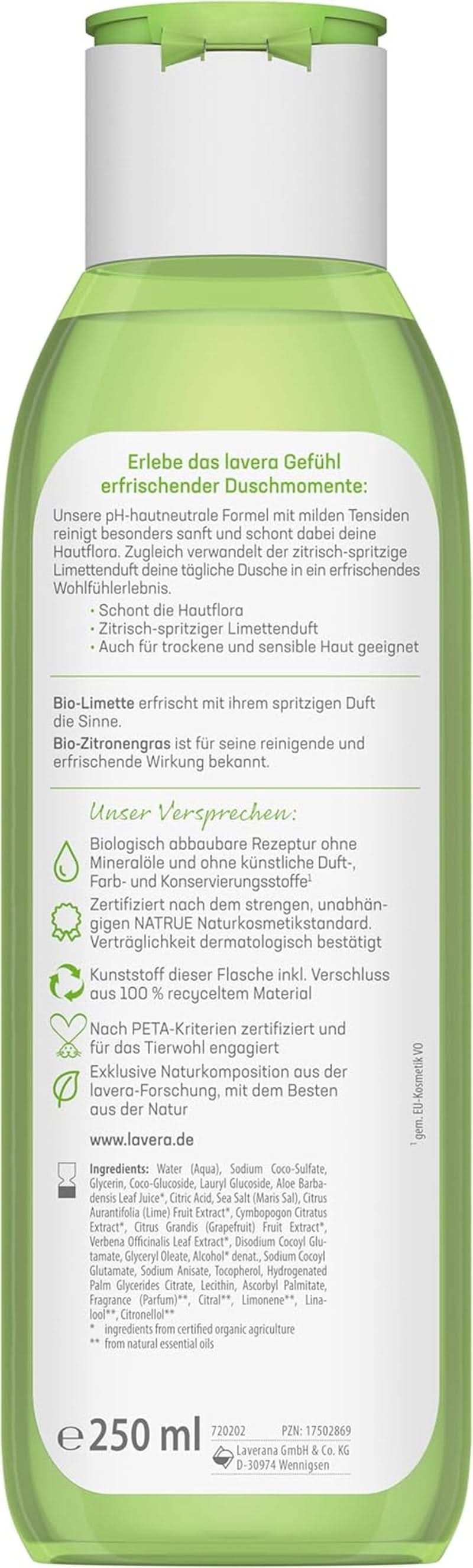 Lavera, Gel douche rafraîchissant au citron vert bio, 250 ml Douche et bain Naty Shop