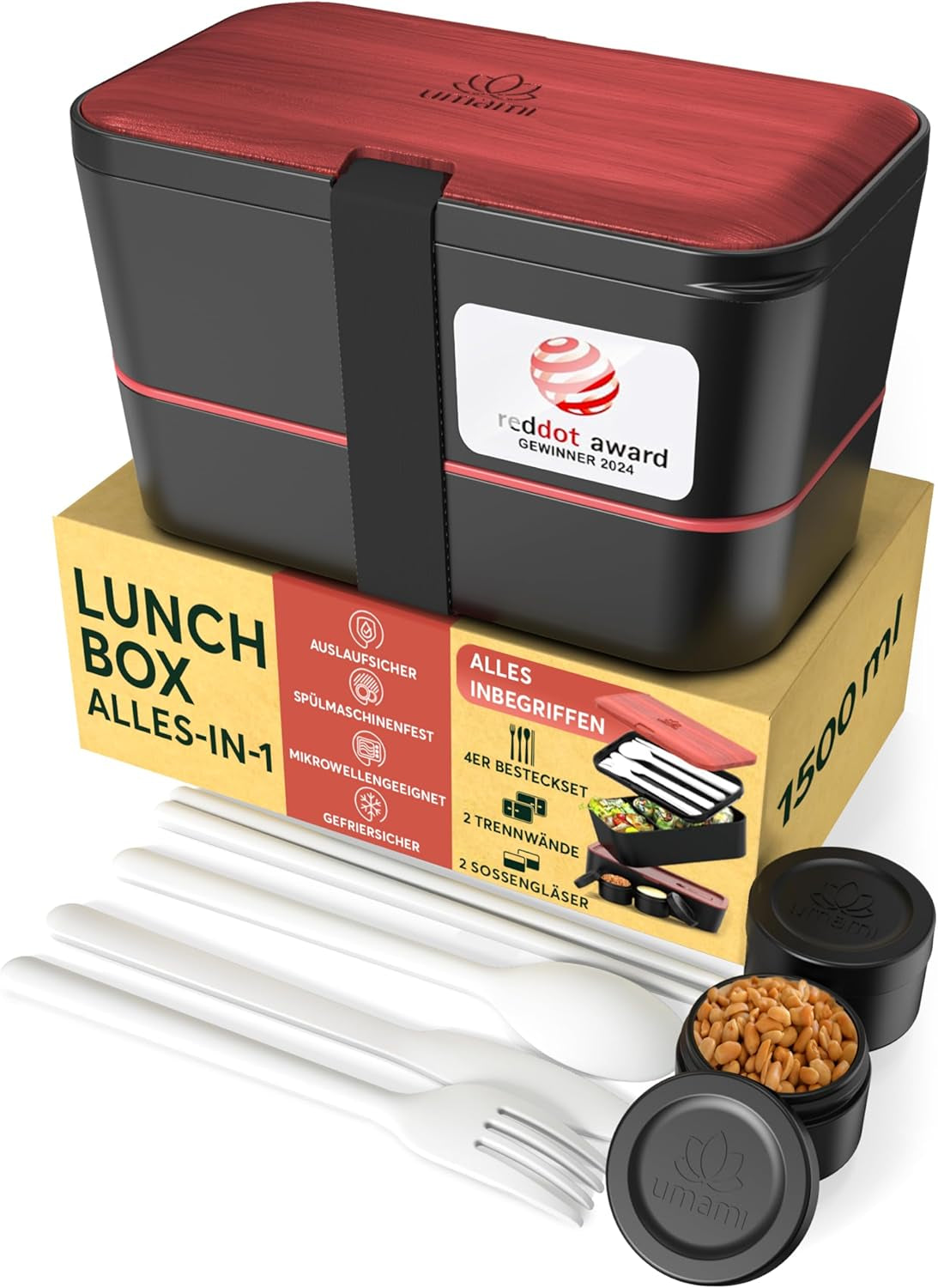 Umami Boîte à lunch pour adultes, 4 couverts et compartiments Boîte à bento empilable étanche, Boîte à lunch adulte, Récipient à salade à emporter, Boîte à lunch pique-nique/bureau, Gris anthracite, 1500 ml Naty Shop Boîtes de conservation des aliments Bois de rose noir L - 1500 ml Empilables les unes dans les autres