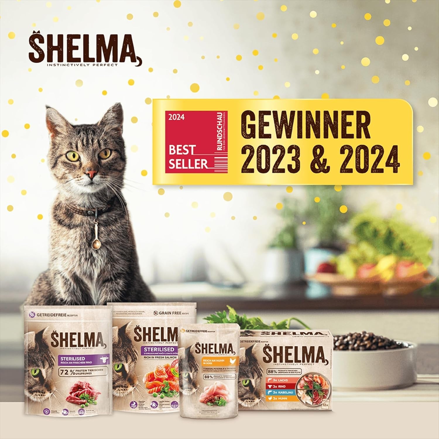 Shelma Nourriture humide pour chat au poulet dans une sauce tomate et herbes – Aliment complet sans céréales à haute teneur en viande – 28 x 85 g (2,38 kg)