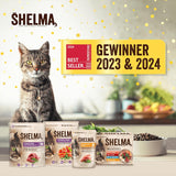 Shelma Nourriture humide pour chats Megapack au bœuf, dinde, poulet et canard - Aliment complet sans céréales à haute teneur en viande - 40 x 85 g (3,4 kg)