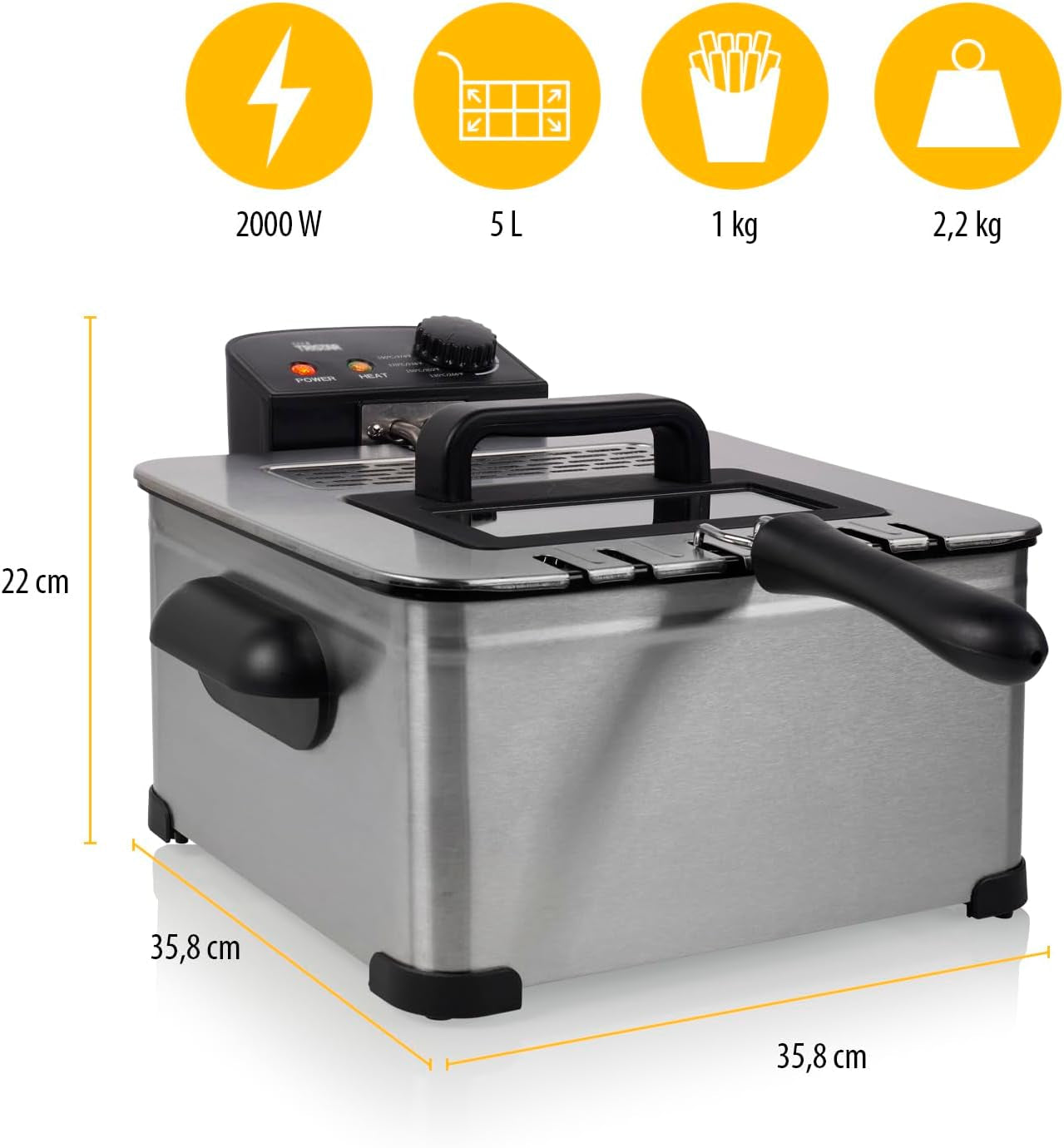 Friteuse Tristar, 1 grand panier et 2 petits paniers, thermostat réglable, zone de refroidissement, 5 litres, 2000 W, FR-6949 Électroménager Naty Shop