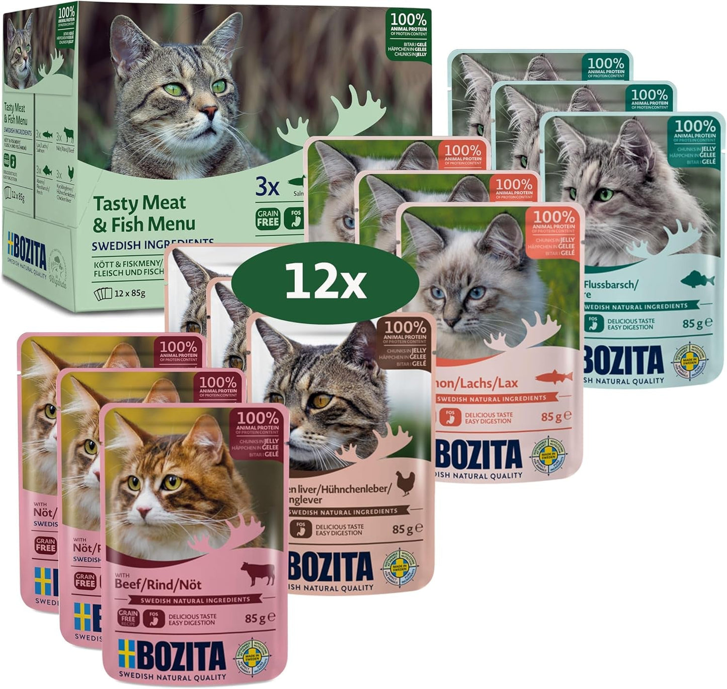 Bozita Morceaux de nourriture humide en gelée au poisson et à la viande - 12 sachets x 85g, nourriture pour chat sans céréales ni blé - Nourriture humide pour chat adulte avec 8,5% de protéines et 4,5% de matières grasses