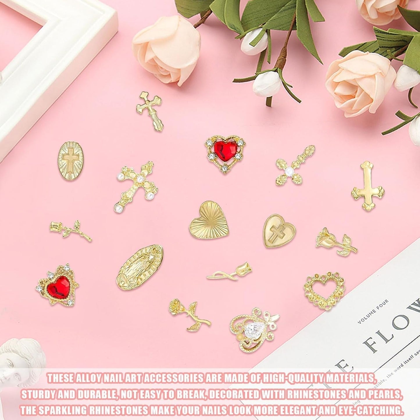 Breloques à ongles dorées, 80 pièces, croix, cœur, vierge marie, pierres précieuses en alliage métallique, accessoires pour manucure, décorations de conception, artisanat à faire soi-même