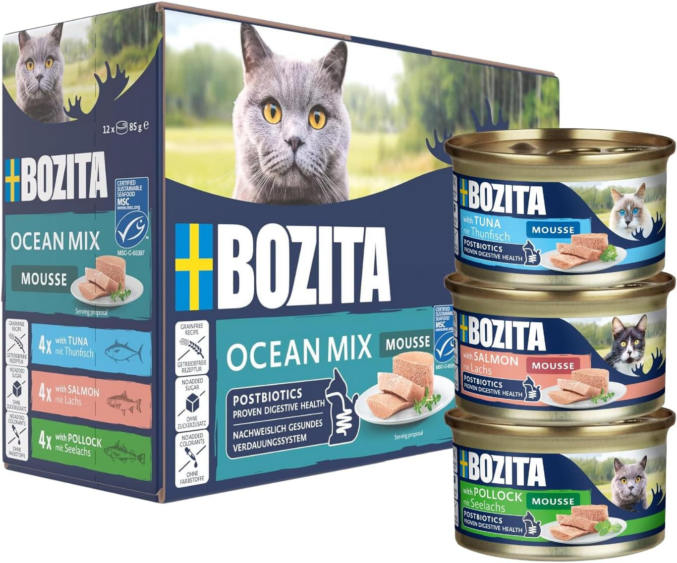 Bozita Mousse Ocean Mix - 12 x 85g nourriture humide pour chat au thon, saumon ou morue jaune - sans céréales, sans sucre et colorants artificiels - avec postbiotiques pour une flore intestinale saine