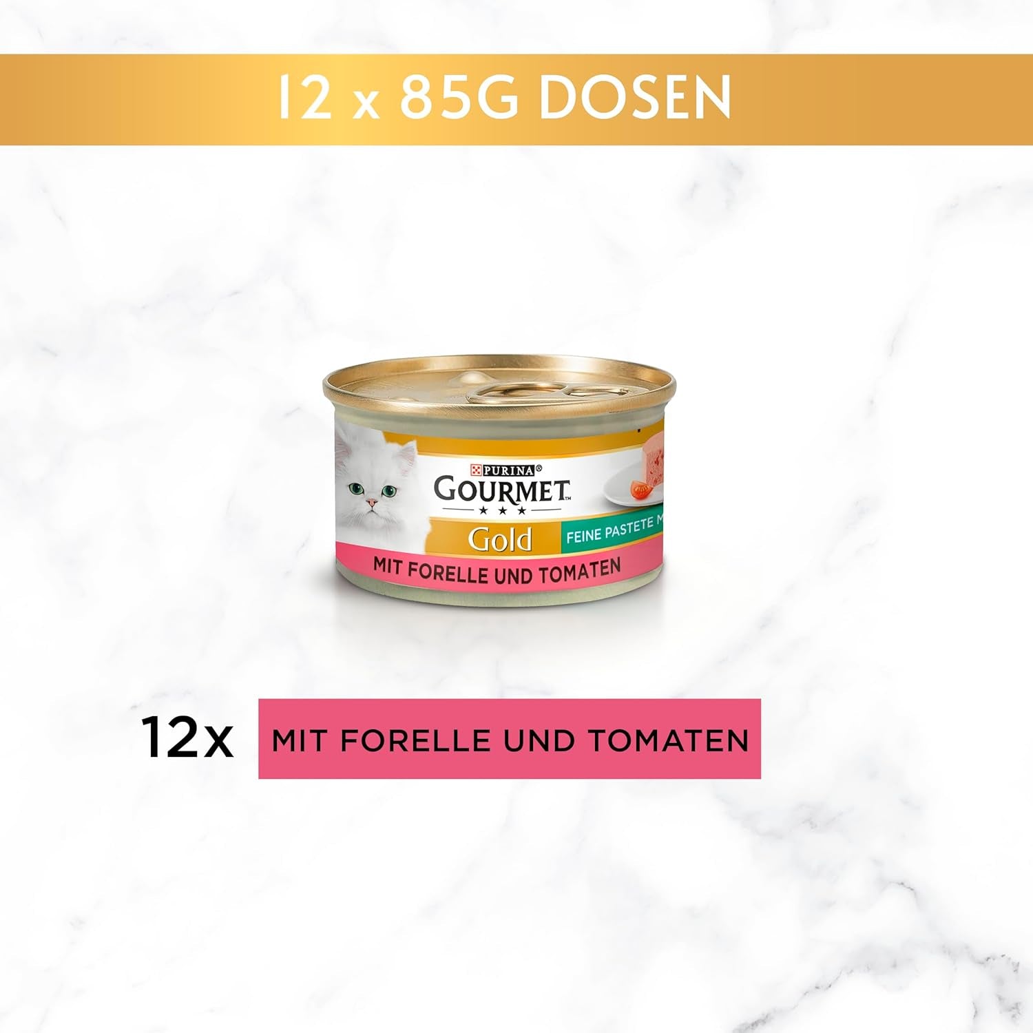 Fine Pate Gourmet Gold aux légumes, nourriture humide pour chats à la truite et à la tomate, paquet de 12 (12 x 85 g)