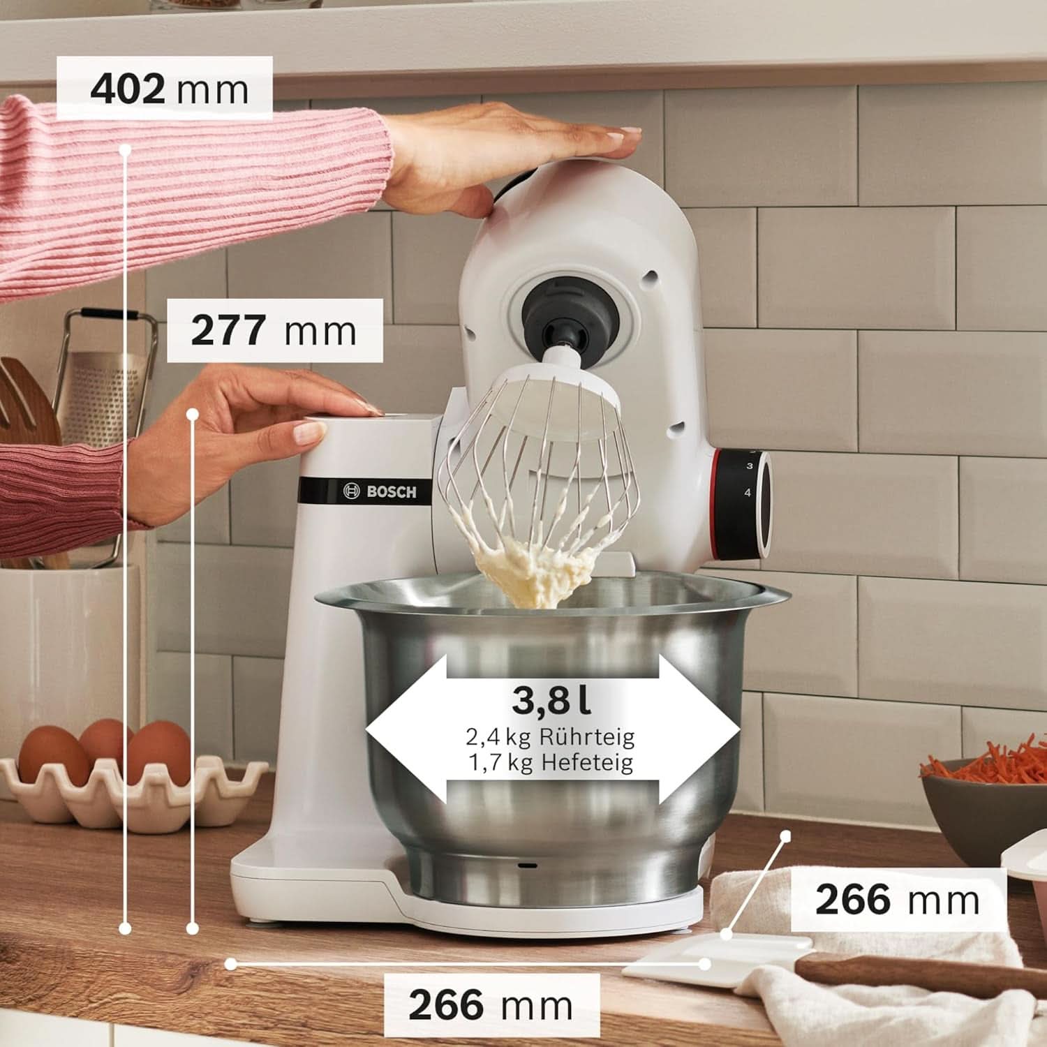 Bosch Küchenmaschine Serie 2 MUMS2EW00, Edelstahl-Schüssel 3.8 L, Planetenrührwerk, Knethaken, Schlag-, Rührbesen Edelstahl, 4 Arbeitsstufen, DurchOptiones Zubehör Erweiterbar, 700W, Weiß Kitchen Naty Shop
