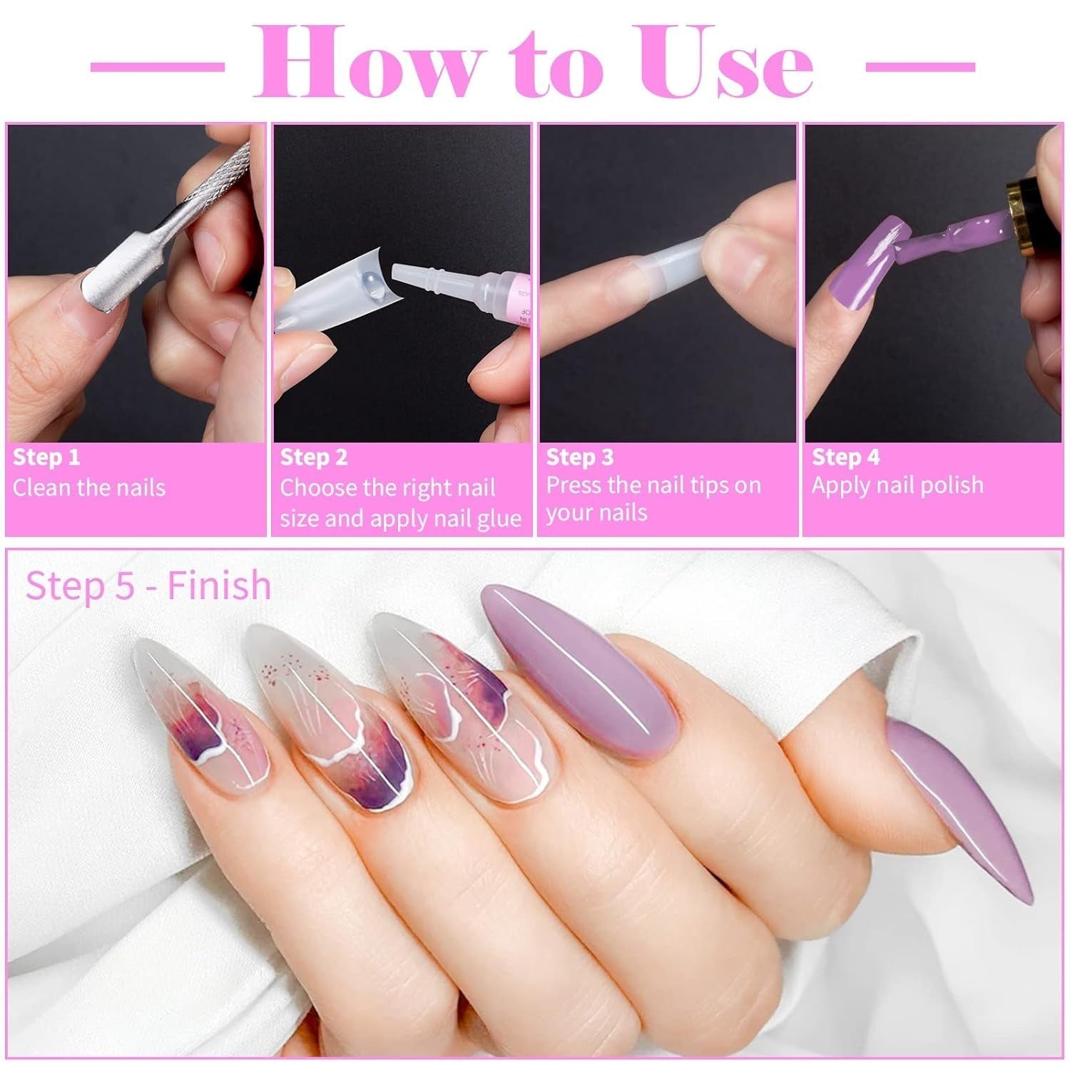 500 pièces de faux ongles artificiels français en acrylique, ensemble d'extensions d'ongles, accessoires de faux ongles avec 4 pièces de colle pour conception d'ongles en gel naturel