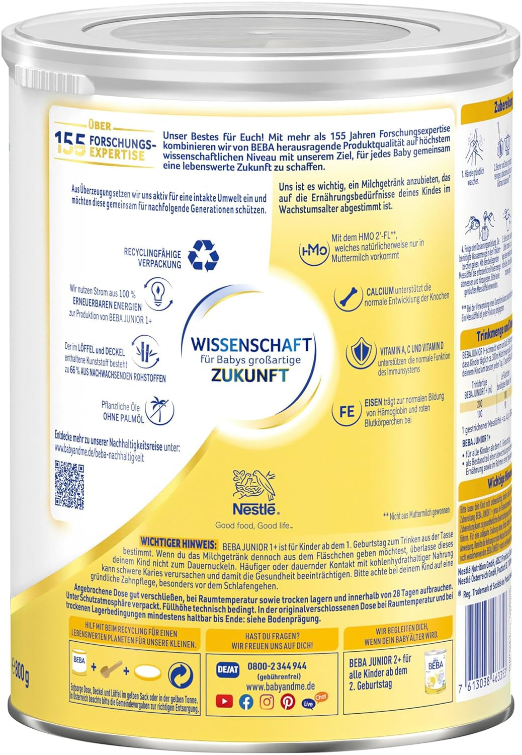 Boisson lactée BEBA Junior 1+ à partir de 1 an, Avec HMO, Teneur en protéines adaptée à l'âge, Lactose uniquement, Sans huile de palme, Sans huile de poisson, Aliments pour tout-petits, Lait en poudre pour bébé, Lot de 3 (3 x 800 g)