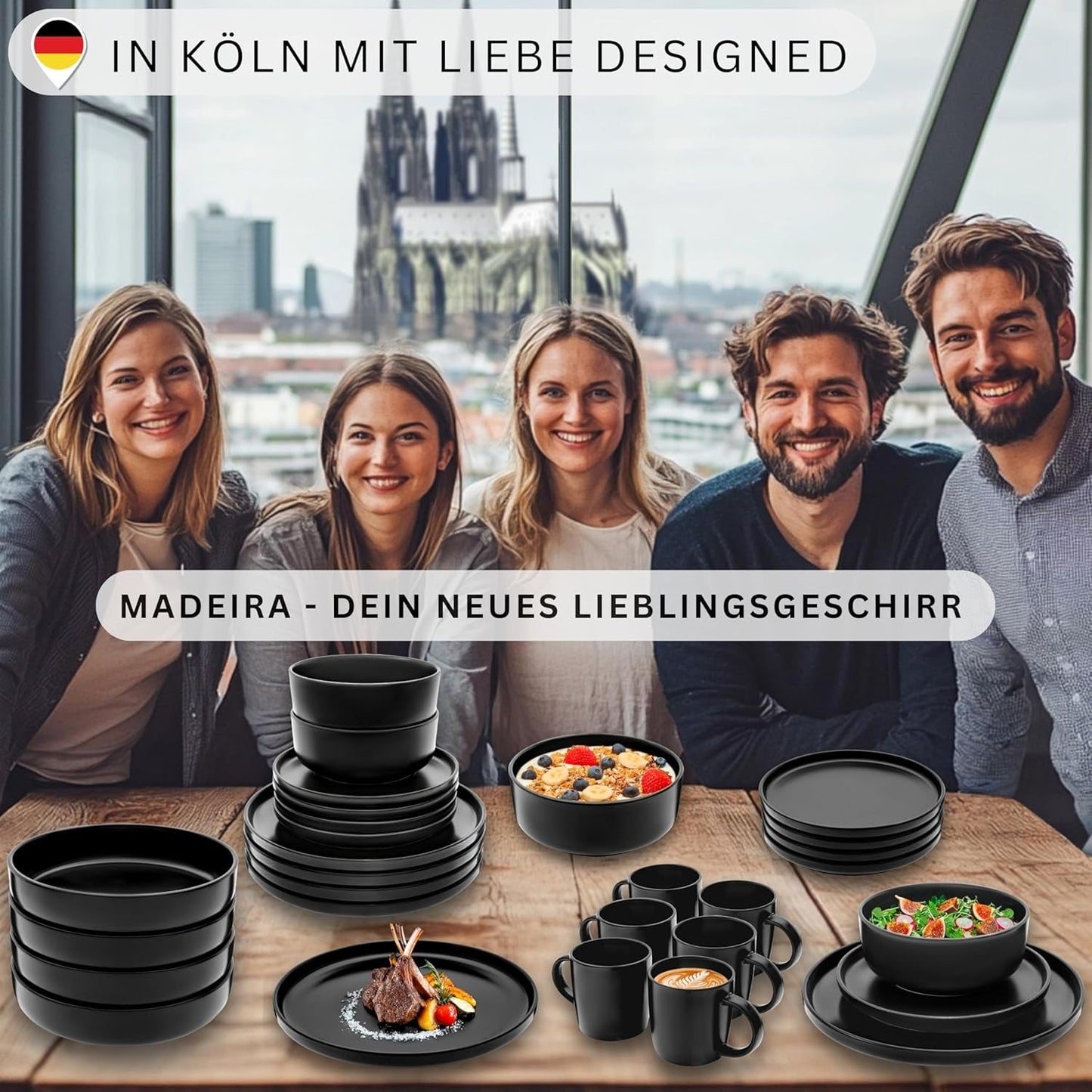 SÄNGER Madère | Service de table combiné 24 pièces, service de table en grès pour 6 personnes, 6 assiettes plates, 6 assiettes de petit-déjeuner, 6 assiettes plates, 6 bols à pâtes, ensemble de vaisselle et de bols, noir mat | LA COLLECTION VALEUR