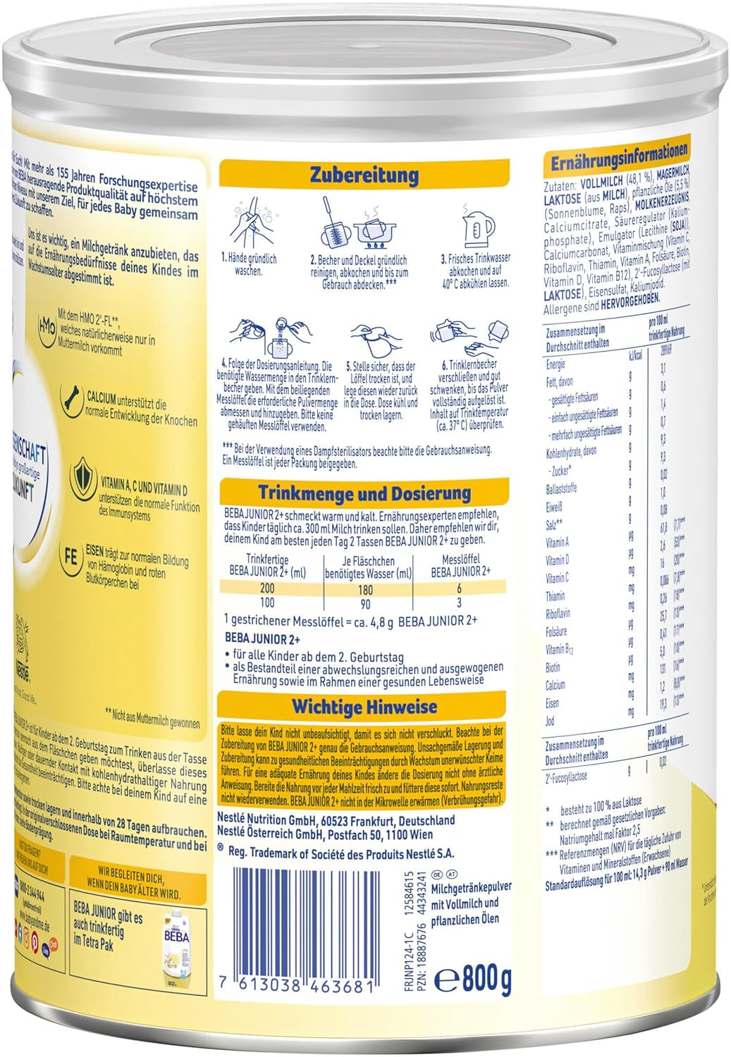 Boisson lactée BEBA Junior 2+ à partir de 2 ans, Avec HMO, Teneur en protéines adaptée à l'âge, Lactose uniquement, Sans huile de palme, Sans huile de poisson, Aliments pour tout-petits, Lait en poudre pour bébé, Lot de 6 (6 x 800 g)