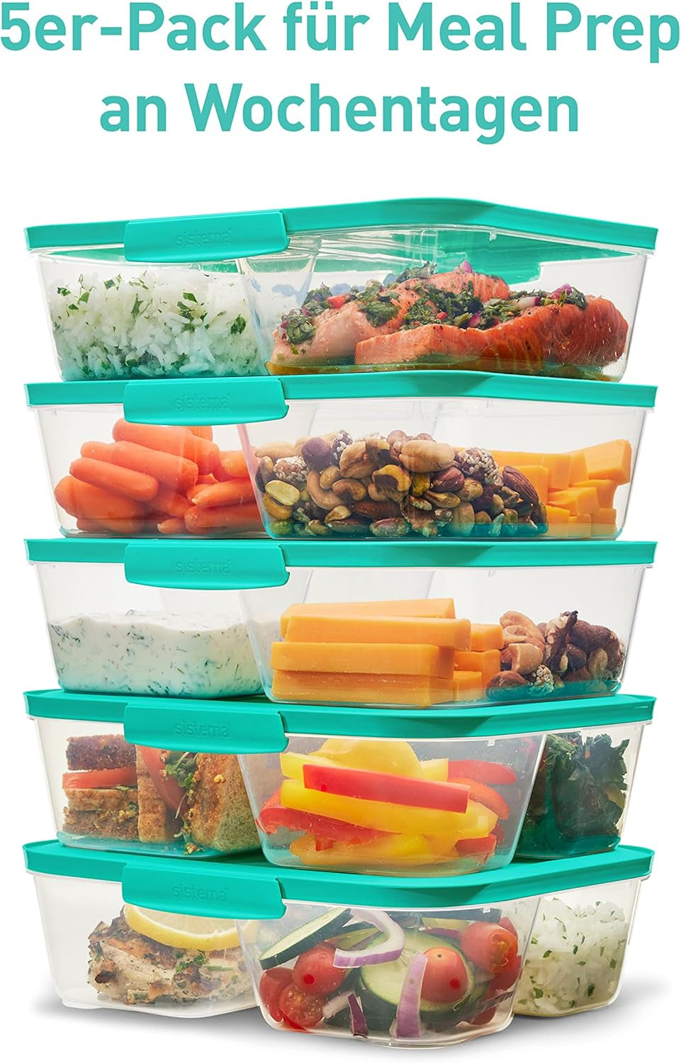 Conteneurs de stockage de nourriture du système Nest IT Boîtes de préparation de repas | Récipients de stockage hermétiques de 1,9 litre avec TROIS compartiments et couvercles | Sans BPA | Vert | 5 pièces boîtes de conservation alimentaire Naty Shop