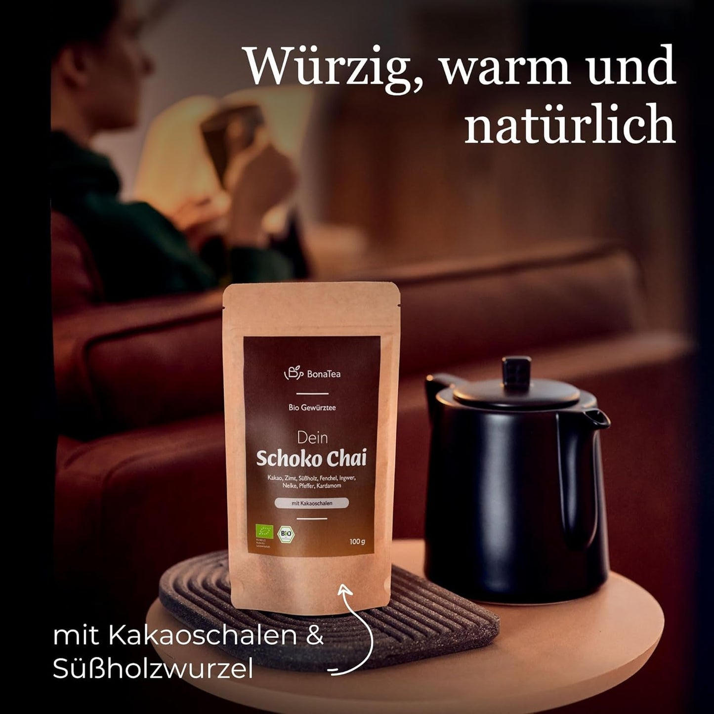 Thé épicé BIO Schoko Chai sans sucre, avec cabosses de cacao, cannelle, réglisse et autres épices aromatiques Chai, 100 g