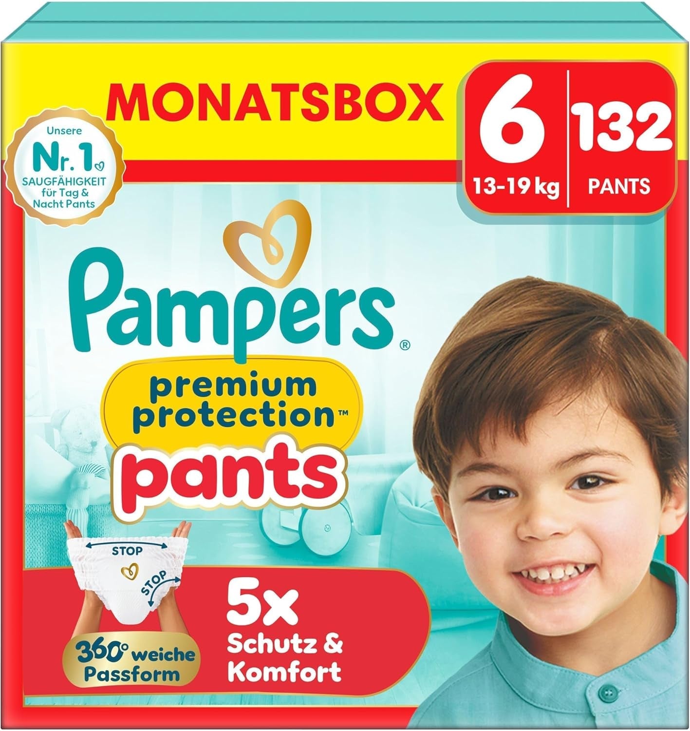 Pantalon de protection Pampers Premium Taille 7, 123 couches, 15 kg+, avec réglage à 360° et poignets anti-fuites souples pour un confort et une protection optimaux