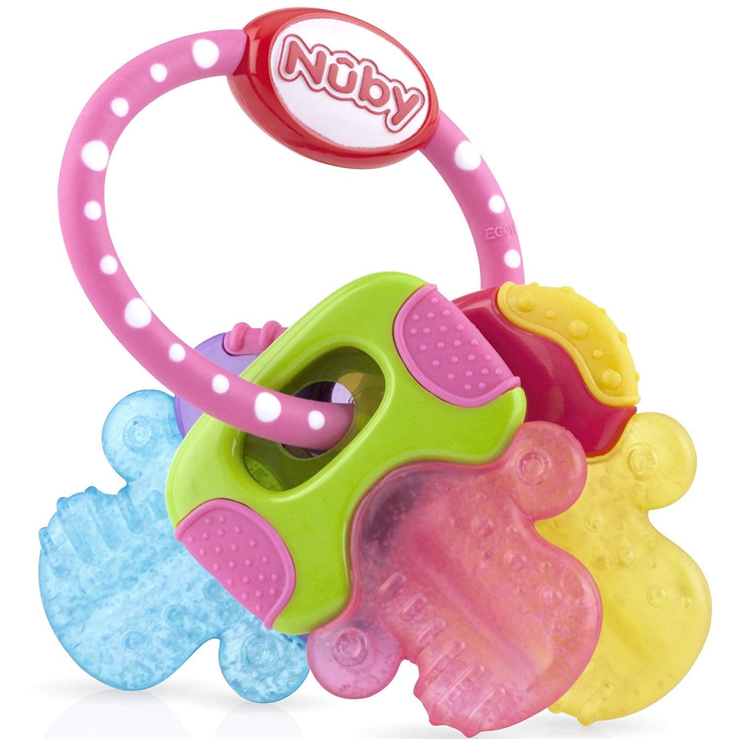 L'anneau de dentition Nuby pour bébés favorise la vue et la motricité ; le jouet de préhension de gel glacé atteint même les molaires ; à partir de 4 mois