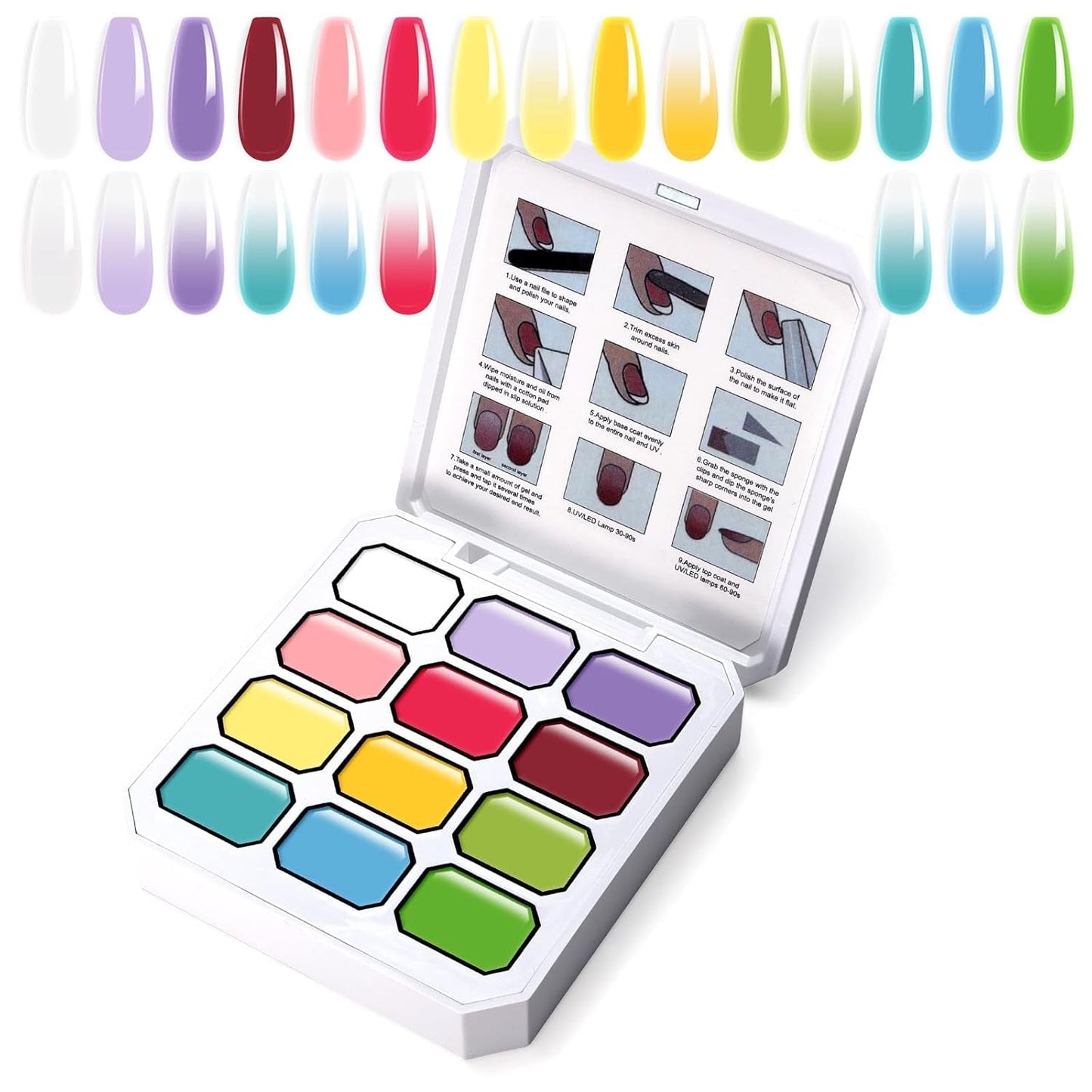 Gel de peinture dégradé, 12 couleurs de vernis à ongles gel ombré avec 100 éponges à ongles et 4 griffes en métal pour manucure française DIY Nail Art, Set I