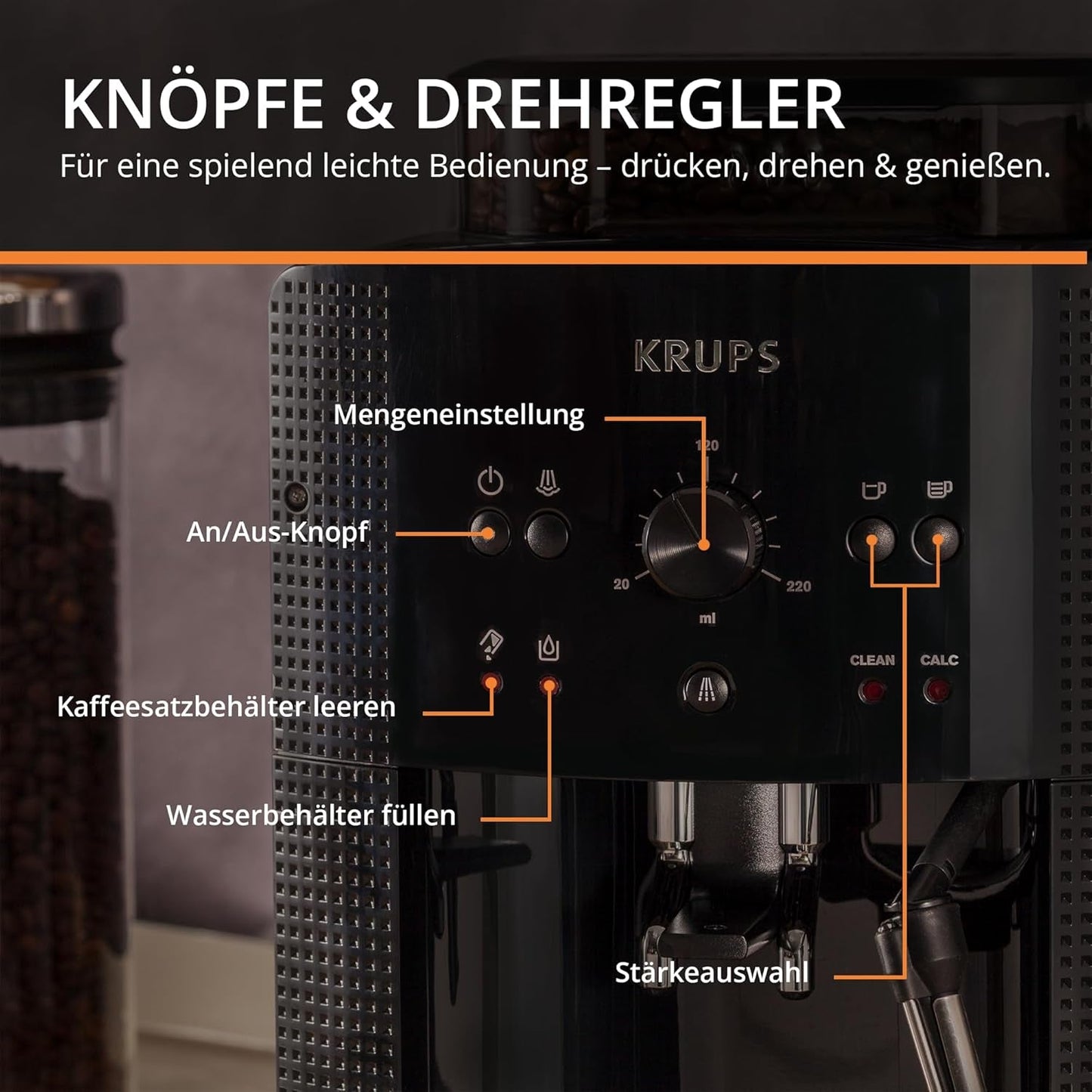 Machine à expresso automatique KRUPS Arabica Picto, design compact, facile à utiliser, commande rotative intuitive réglable, mousseur à lait, fonction 2 tasses, machine à expresso, noir, EA810870