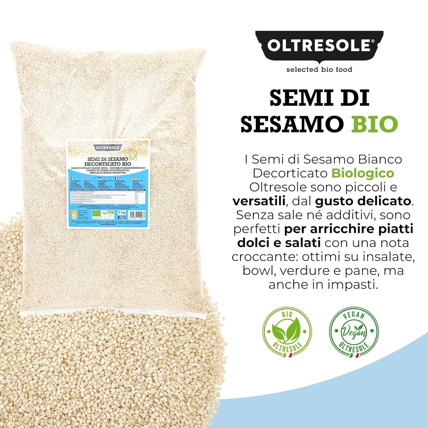Graines de sésame biologiques 3 kg, graines oléagineuses biologiques crues, sésame blanc, décortiquées naturellement, non torréfiées, source de calcium et de fer, emballage économique