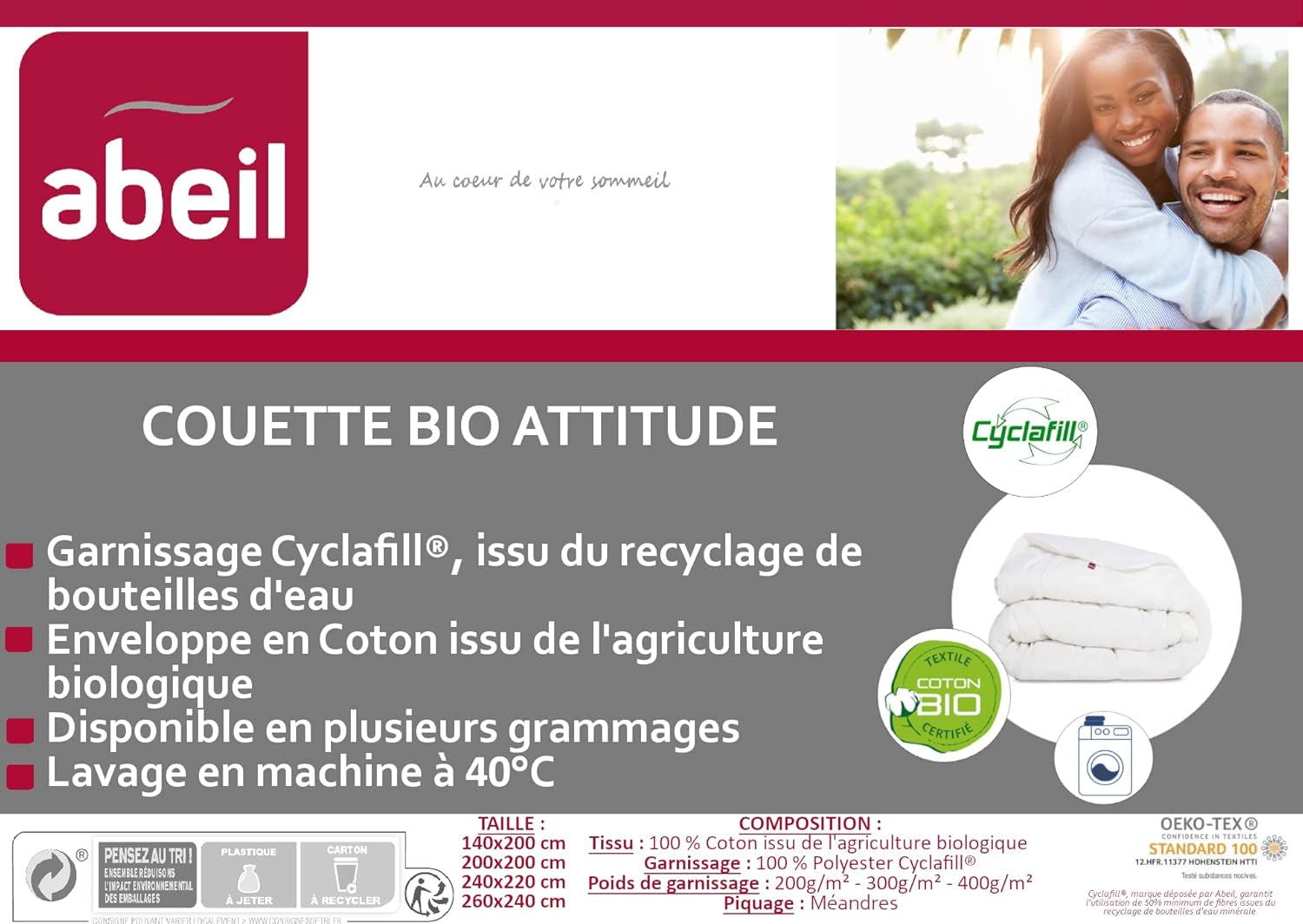 Couette Bio Attitude, coton 300, coton, blanc, 140 X 200 cm Couettes et couettes Naty Shop