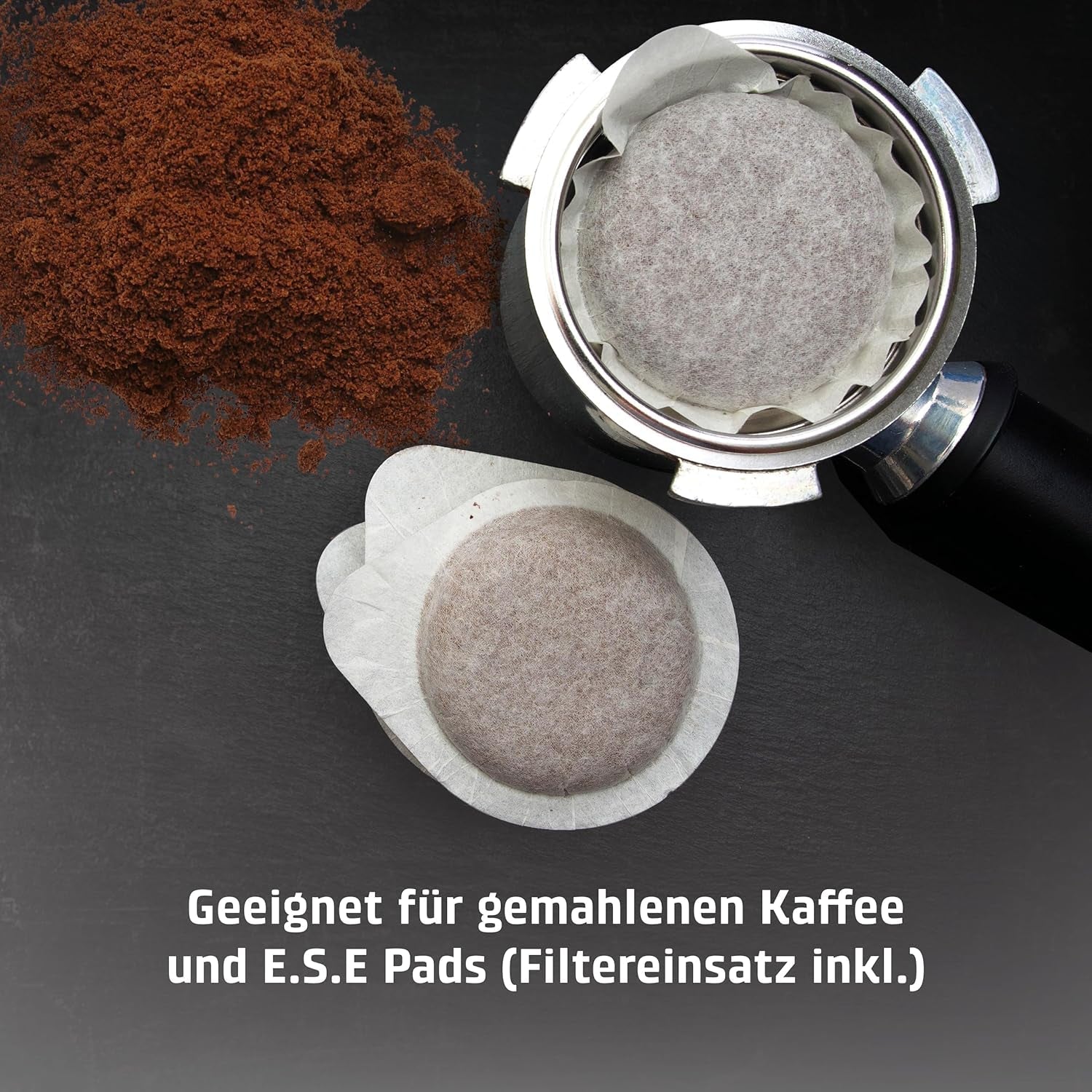 Caso Espresso Gourmet - Machine à expresso porte-filtre en acier inoxydable, puissante pompe Ulka 19 bars, avec mousseur à lait, pour café moulu ou capsules de café ESE, pour 2 tasses, avec chauffe-tasses