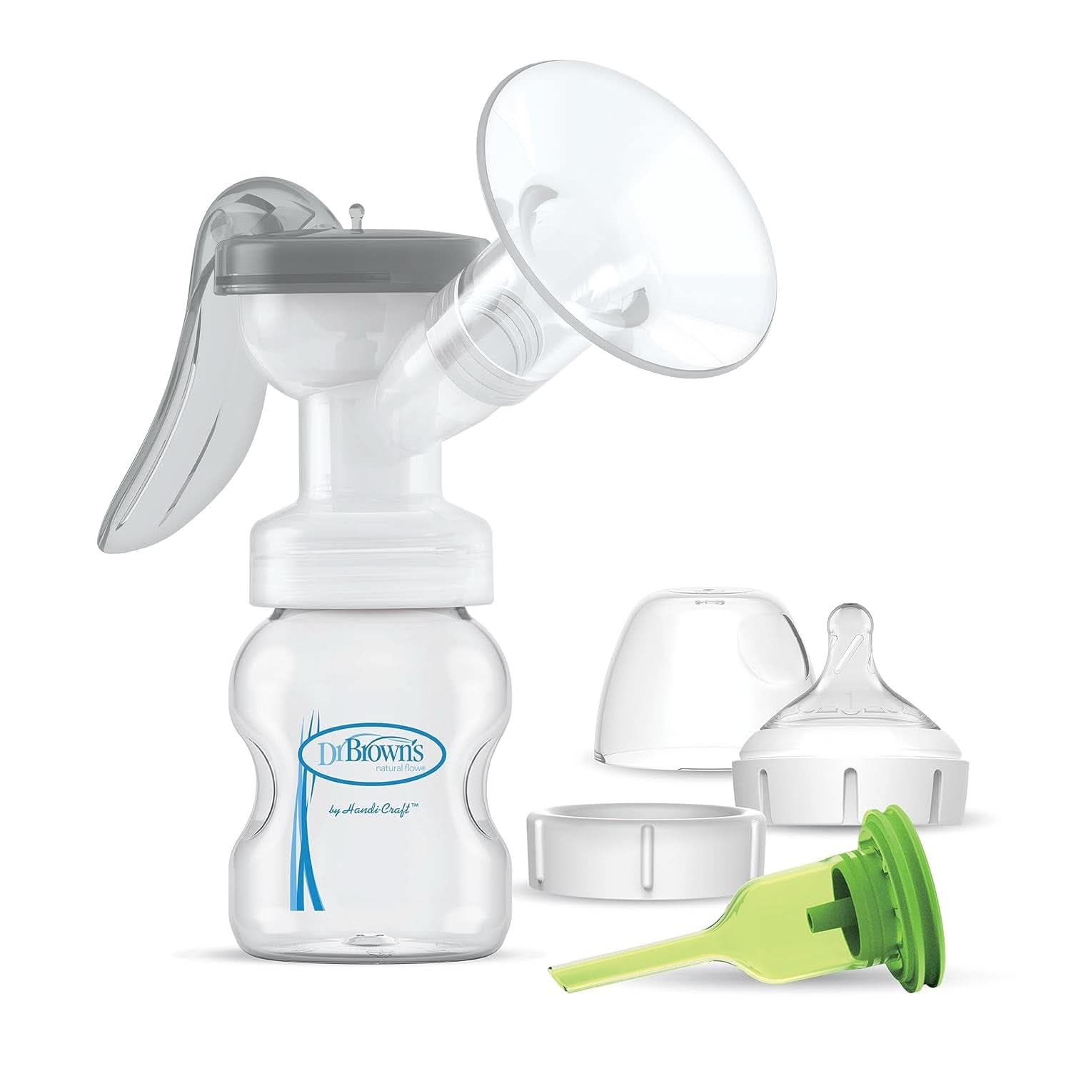 Tire-lait manuel avec protection Softshape 100% silicone (B, bride 25 mm) et options anti-coliques + biberon 150 ml à col large avec tétine à débit lent niveau 1 Accessoires Alimentation et Allaitement Bebe Naty Shop