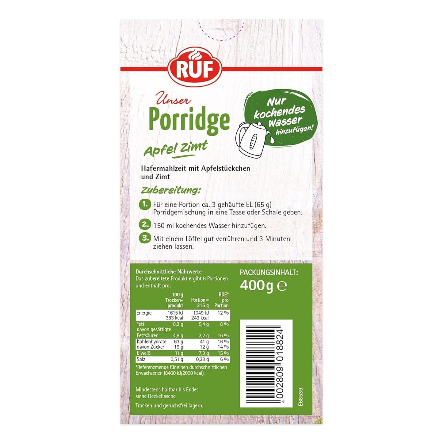 RUF Porridge Pomme Cannelle, avec flocons d'avoine entiers, fine saveur de cannelle et morceaux de pommes séchées, 400 grammes Cereale Naty Shop