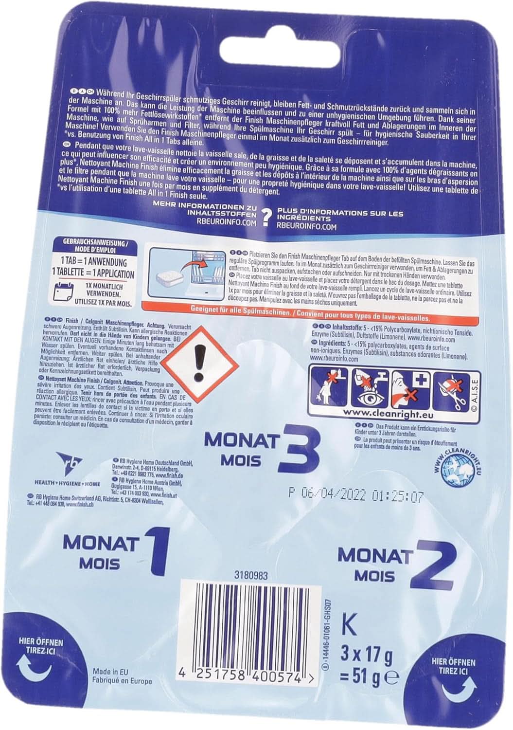 Finish Machine Cleaner Tabs - Tablettes pour lave-vaisselle contre la saleté et la graisse à l'intérieur du lave-vaisselle, 3 tablettes Naty Shop