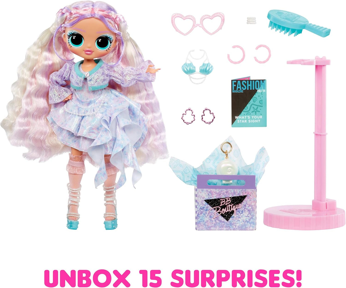Mdr Surprise ! Poupée mannequin OMG Pearla avec 15 surprises - Poupée avec tenue et accessoires style sirène - À partir de 4 ans