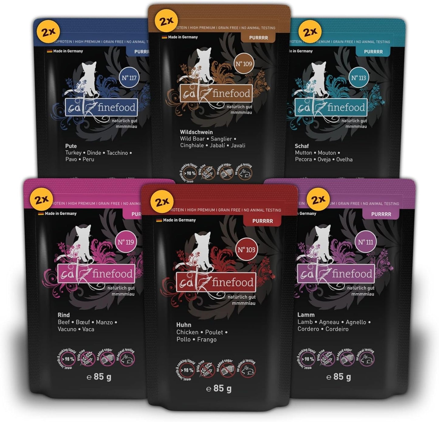 Catz Finefood Purrrr Collection I - Nourriture humide monoprotéinée pour chats - Sans céréales, sans sucre, hypoallergénique - Haute teneur en viande - Multipack de nourriture humide pour chats - En sachets, 85 g (12 paquets)