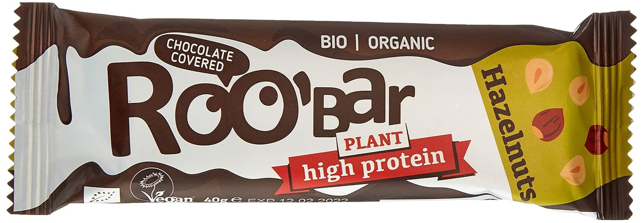 Barres aux noisettes glacées au chocolat riches en protéines - 100 % biologiques, végétaliennes, barres de fruits, sans produits laitiers, sans gluten, sans sucre raffiné - 16 barres x 40 g