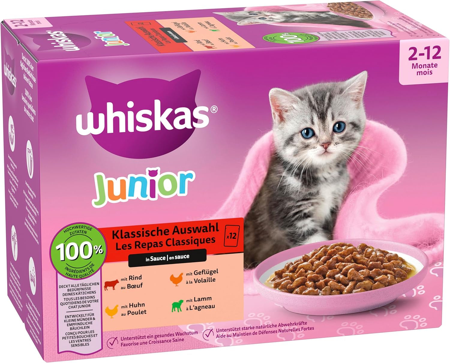 Whiskas Junior Classic Selection Nourriture humide pour chats en sauce, 48 sachets, 12 x 85 g (Pack de 4) - Nourriture humide de haute qualité pour chats en croissance, de 2 à 12 mois