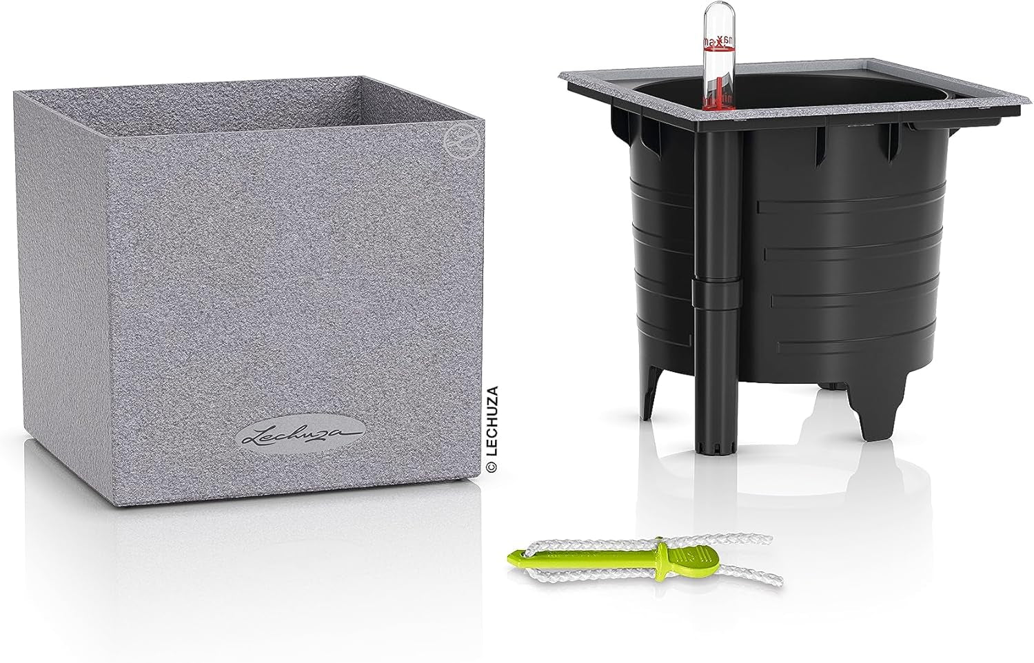 Cube à herbes de haute qualité LECHUZA CANTO Stone 14 avec système d'arrosage en bâton, gris pierre