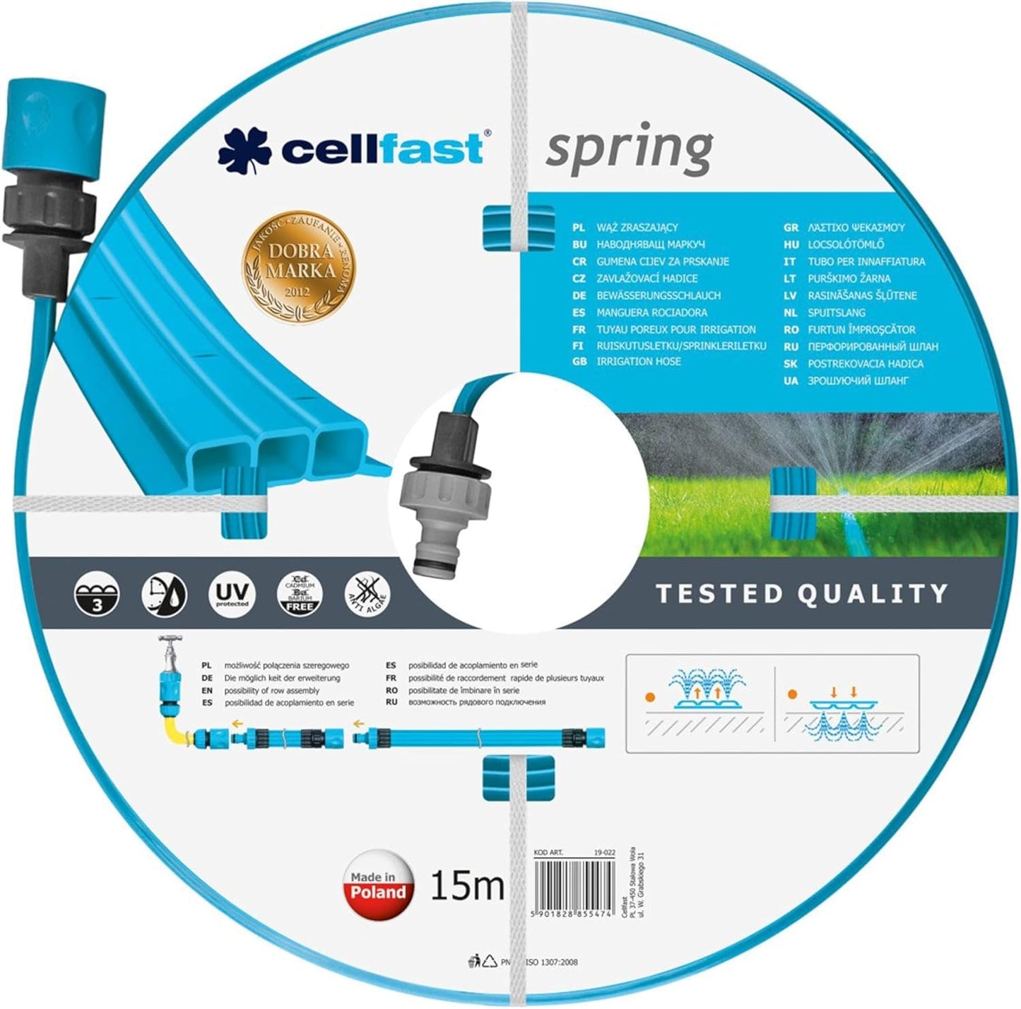 Cellfast SPRING Tuyau d'irrigation à trois canaux avec connecteurs complets, fabriqué en fil de haute qualité, résistant aux UV, 15 m, 1/2", 19-022, multicolore, 38 x 38 x 8 cm.