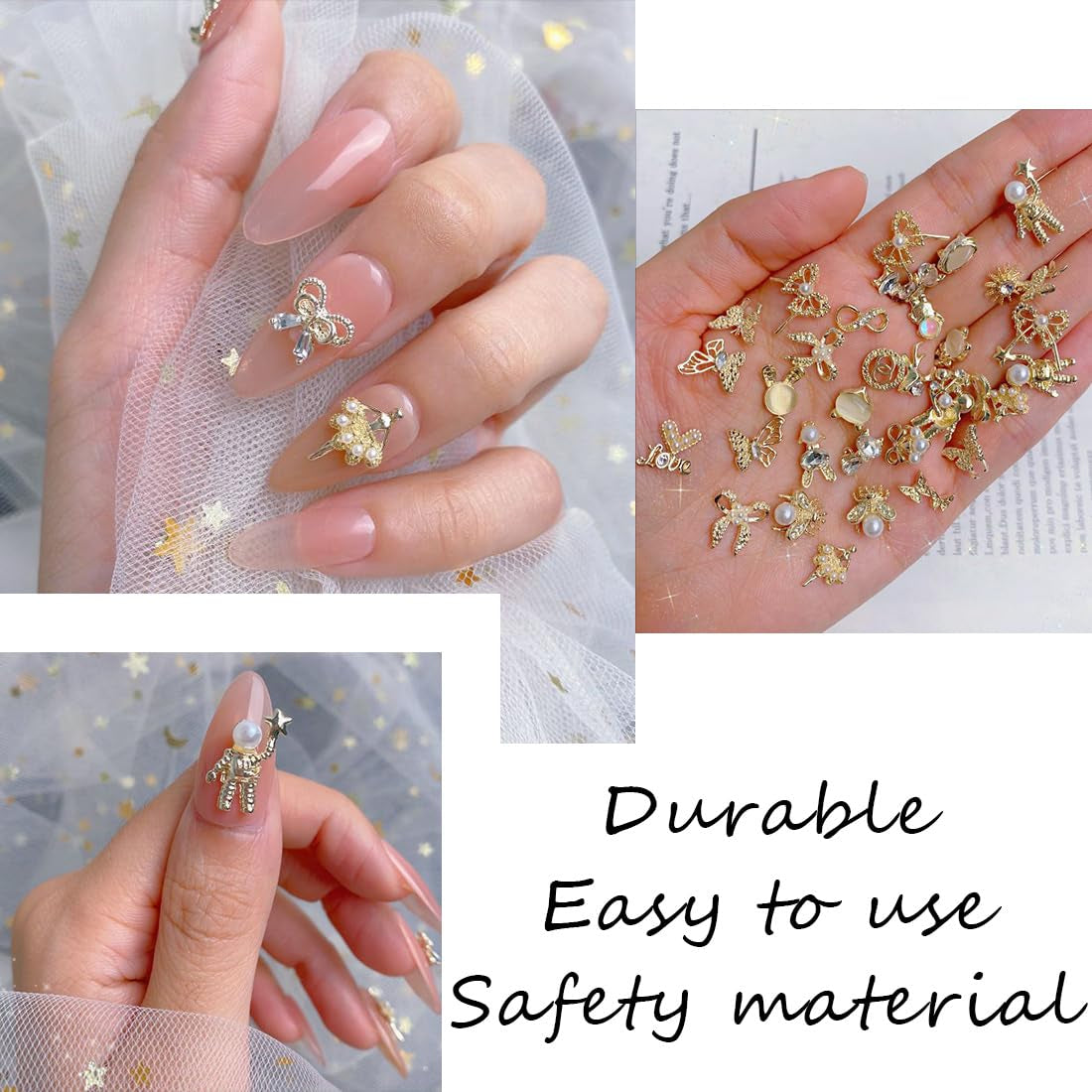 50 pièces de breloques à ongles dorées, breloques brillantes 3D pour nail art, strass pour ongles en perles, breloques pour ongles en strass, breloques pour ongles en strass, accessoires de nail art DIY, pour femmes filles