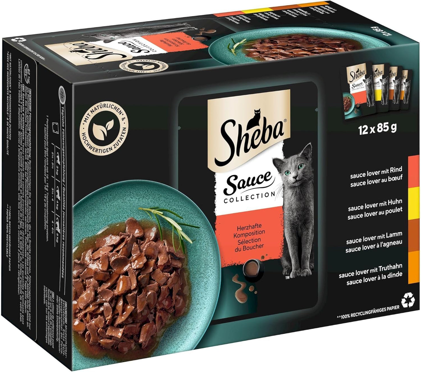 Sheba Sauce Collection Nourriture humide pour chats, sachets portionnés, emballage multiple salé, 4x12x85g