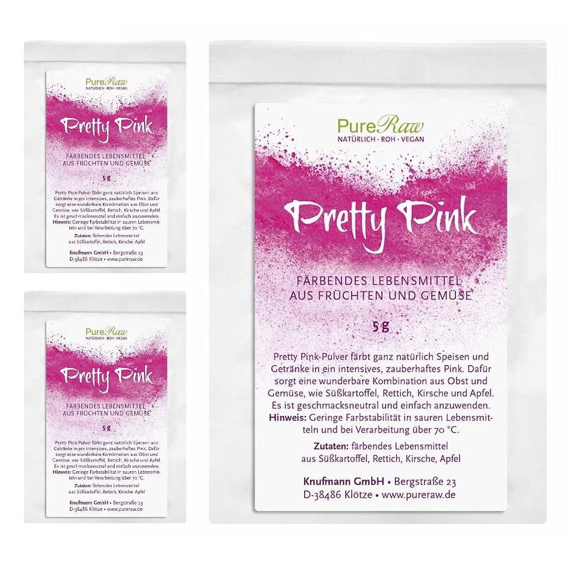 Pretty Pink Natürliche Lebensmittelfarbe Pulver Rosa (Roh Vegan) Pastel Rose Bis Intensiv Rosa-Rot - Essbare Farbe Für Lebensmittel Aus Früchten Und Gemüse - Colorant Alimentaire Naturel | Pureraw 5G Naty Shop 5 G (Pack de 3) Rose