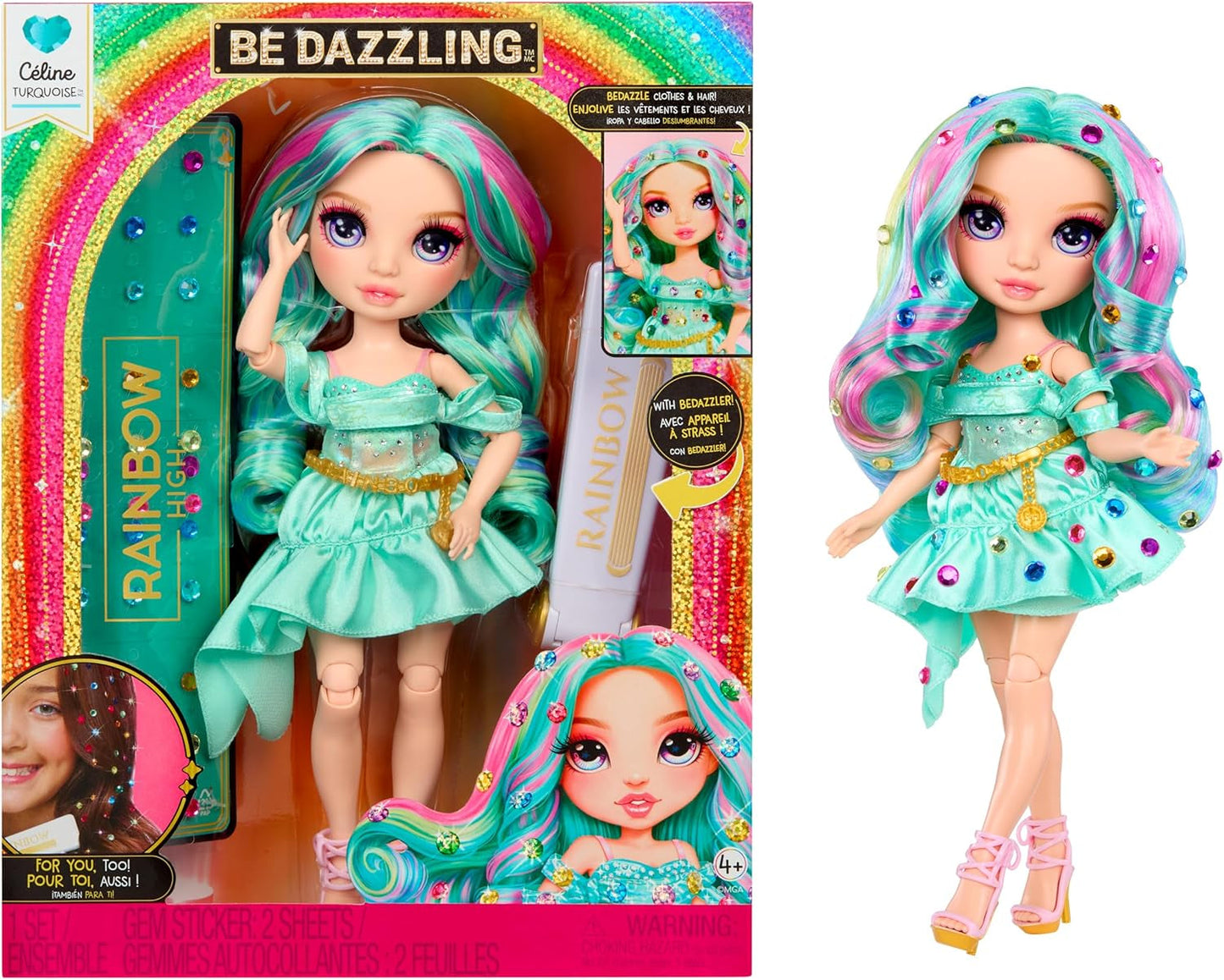 Poupée mannequin Rainbow High Be Dazzling - Celine Turquoise - Bleu-Vert, 28 cm, avec outil de décoration, pierres scintillantes et accessoires de coiffure