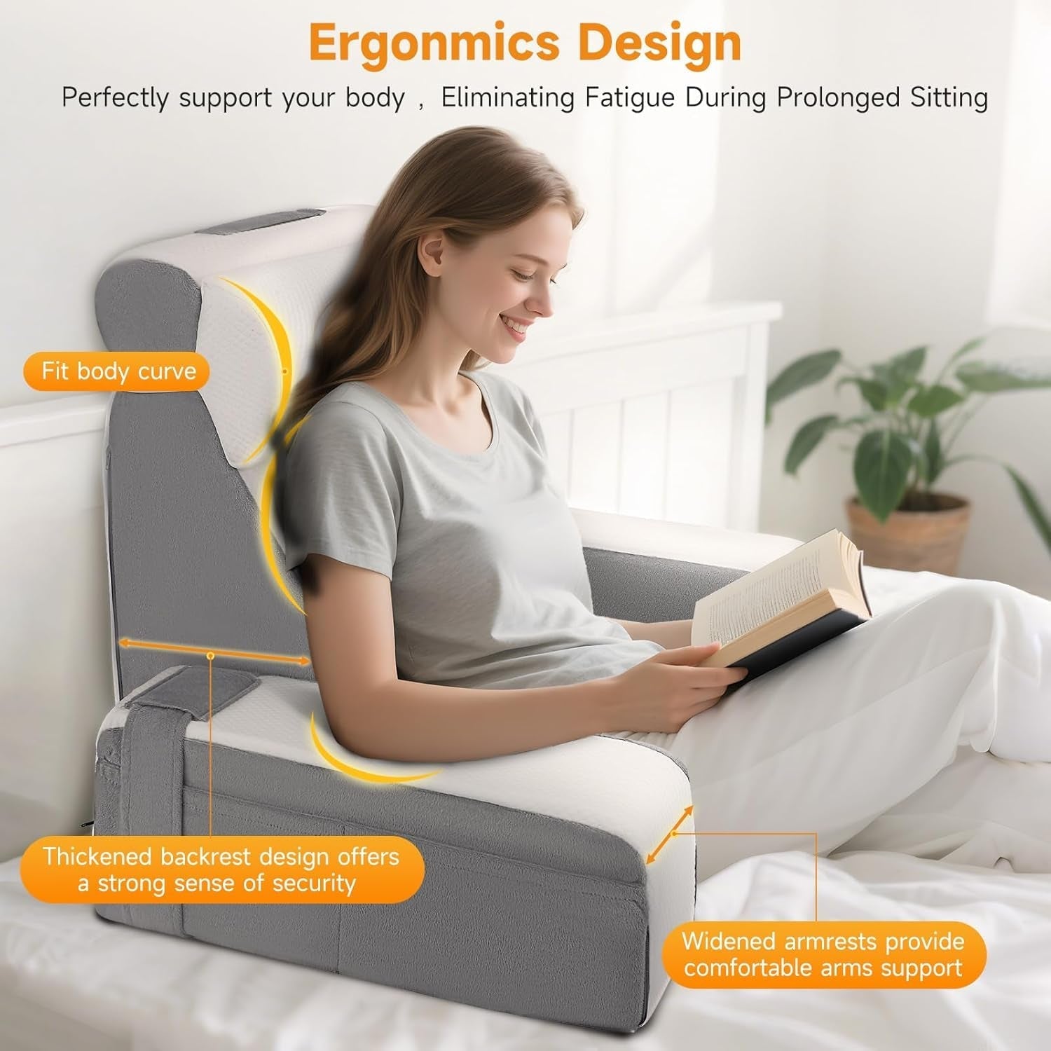 Grand coussin de lecture avec repose-nuque et accoudoirs amovibles, coussin de dossier pour lit, coussin de dos ergonomique avec bras, poche et housse lavable pour lire et regarder la télévision.