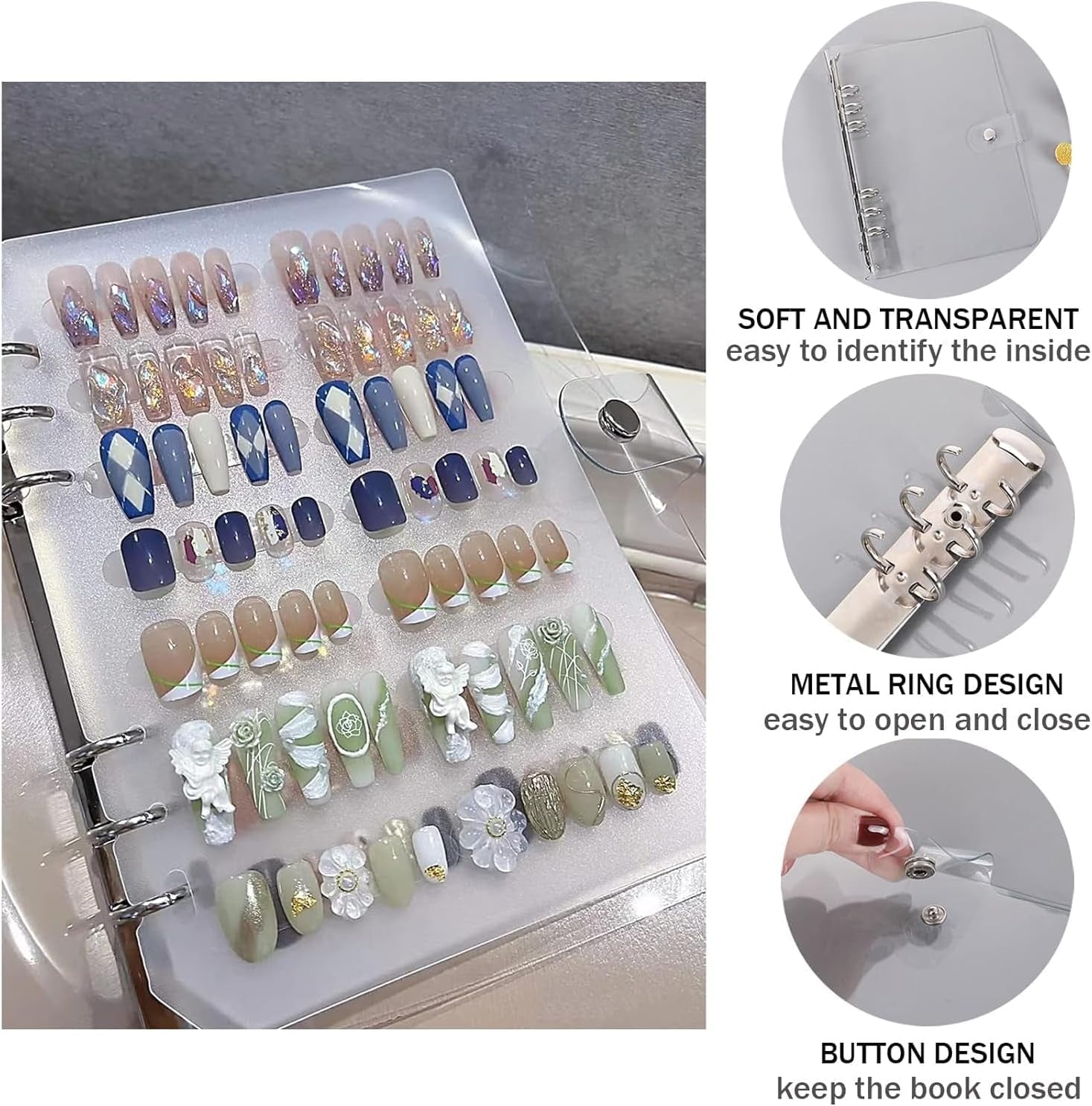 Ensemble de rangement pour ongles A5 avec fermeture à agrafes et feuilles amovibles – Boîte transparente robuste + 6 tampons adhésifs et livre de rangement amovible pour ongles artificiels/adhésifs – Idéal pour le rangement, la présentation