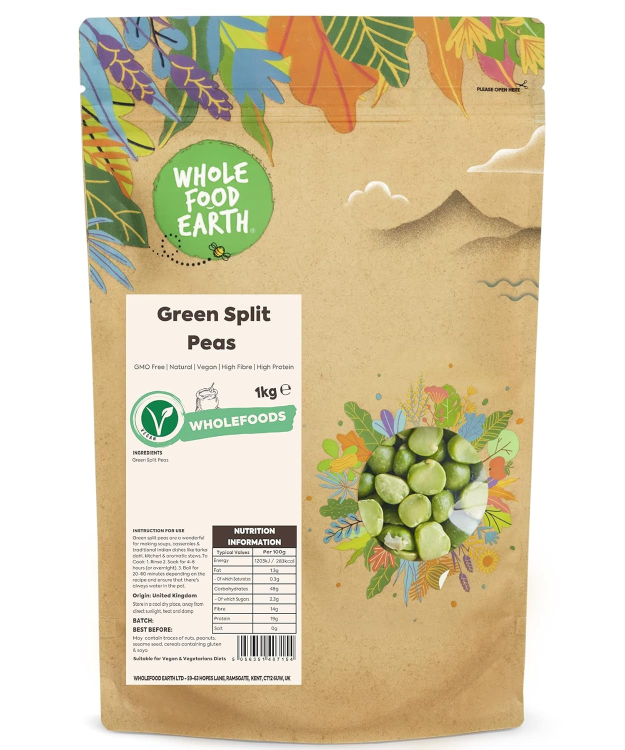 Pois verts cassés biologiques Wholefood Earth - 1 kg