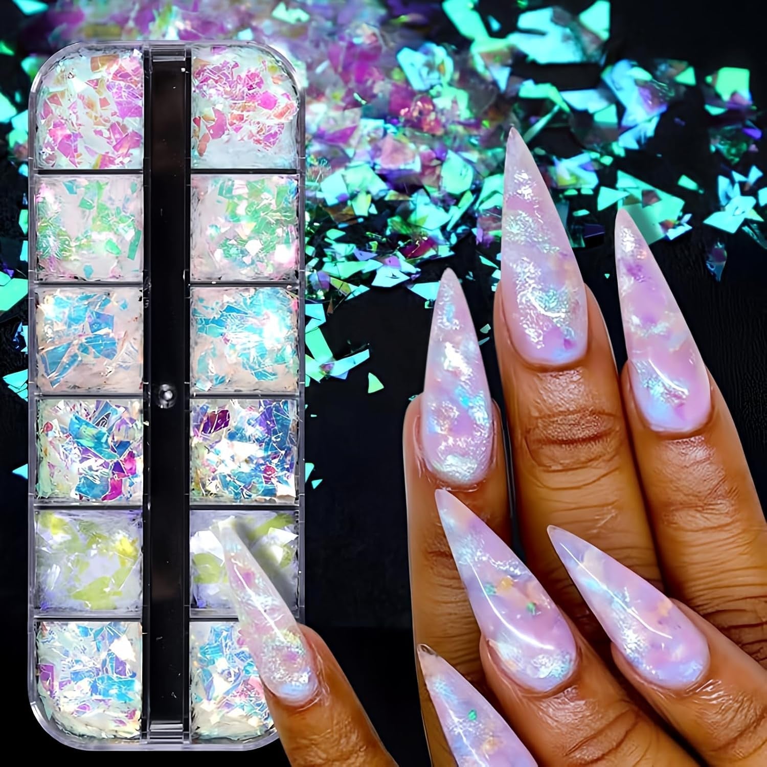 JMEOWIO – paillettes pour ongles, 12 grilles, sirène, accessoires de décoration pour Nail Art, Design des ongles