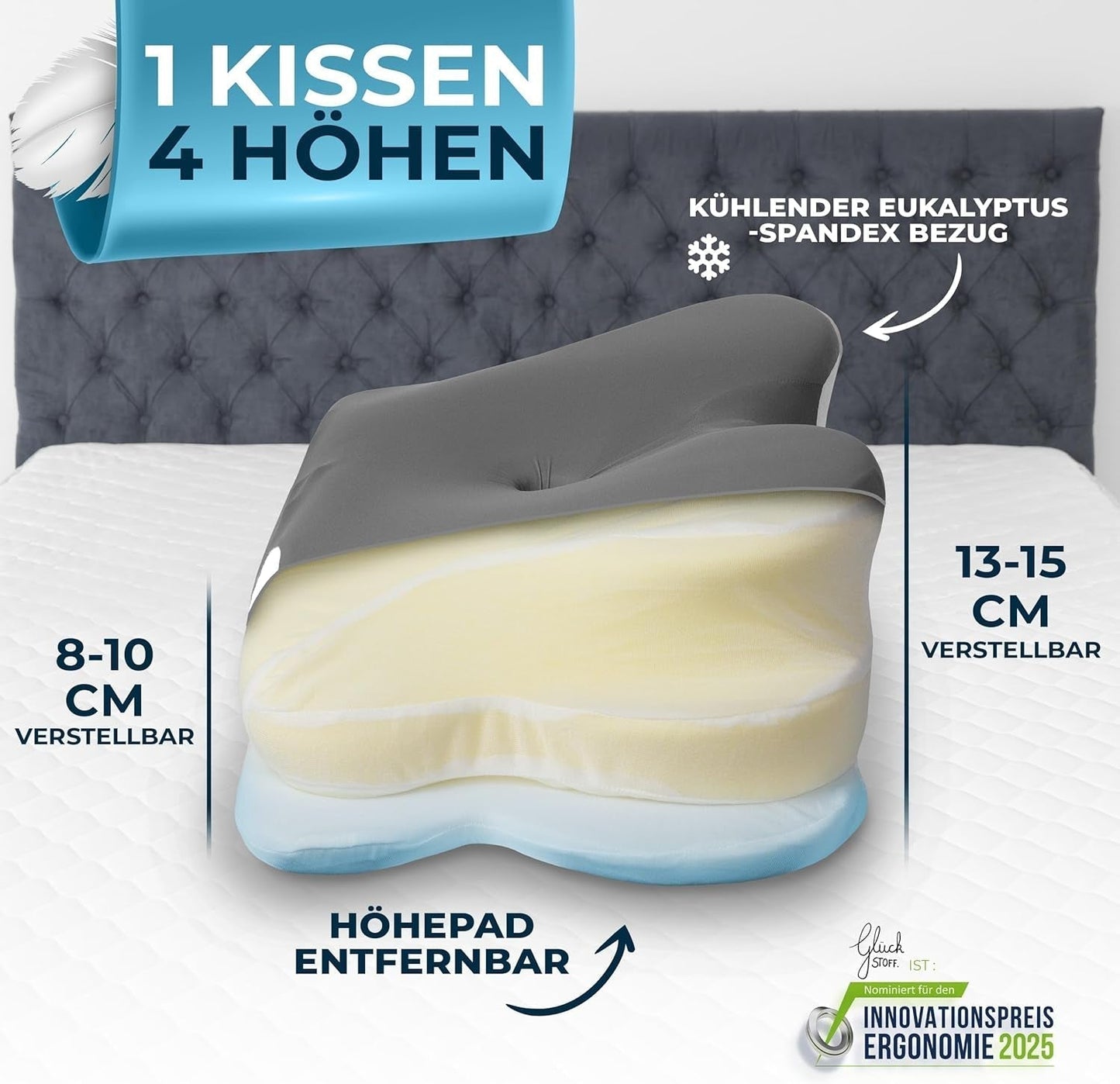 Oreiller orthopédique [Nominé au Prix de l'innovation pour l'ergonomie] Oreiller pour douleurs cervicales en mousse à mémoire de forme | Oreiller de soutien du cou ergonomique, rouleau de cou, oreiller de couchage latéral, oreillers orthopédiques cervicaux gris, boutique Naty
