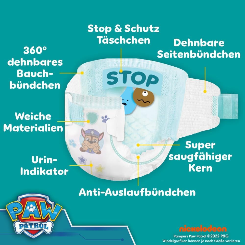 Couches Pampers Baby-Dry Puppy Patrol Edition, taille 5, 186 couches, 11 kg - 16 kg, protection contre les fuites jusqu'à 100 % et confort toute la nuit