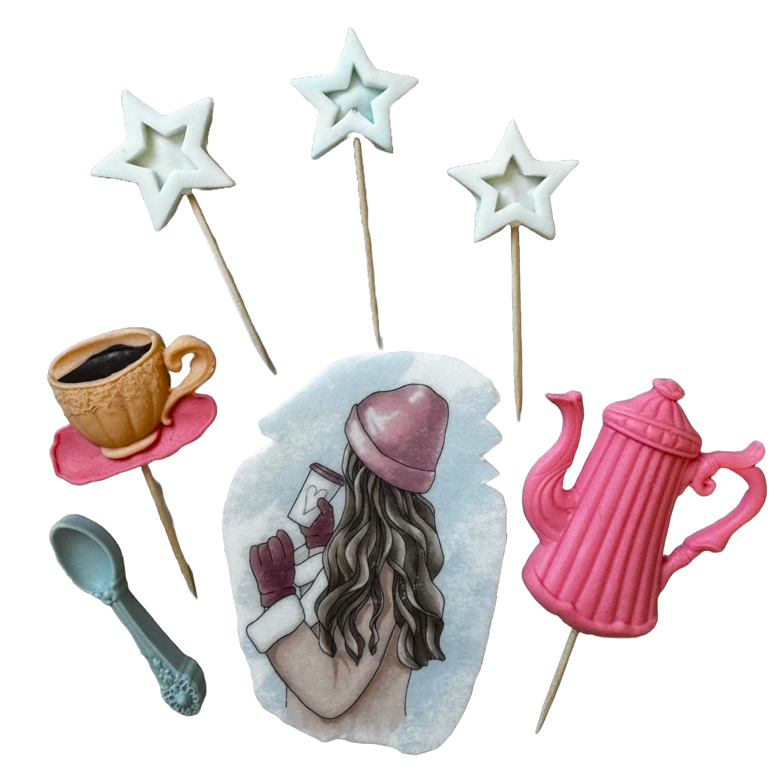 Lot de 7 décorations comestibles en pâte à sucre, Belle Dame, chapeau rose Décorations en Pâte à Sucre Naty Shop