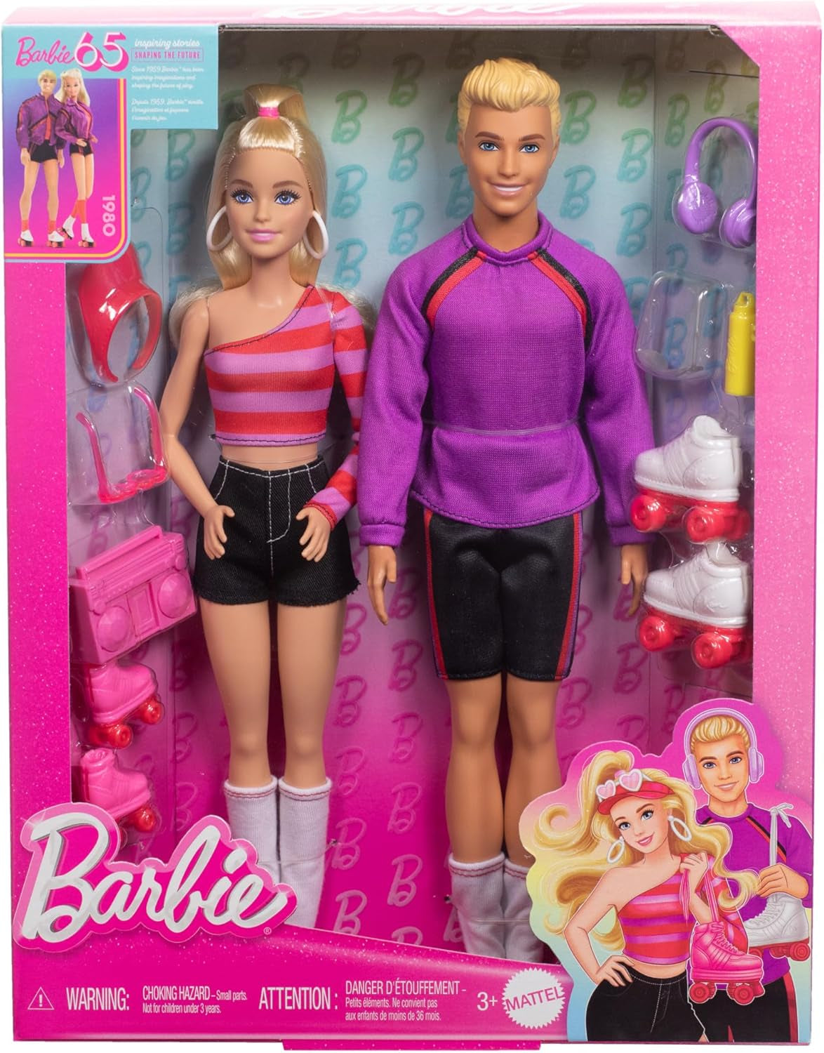 Barbie Fashionistas Coffret avec 2 poupées mannequins et 6 accessoires, poupées mannequin Barbie et Ken sur roulettes, figurines à collectionner du 65e anniversaire, poupées HXK90 Naty Shop