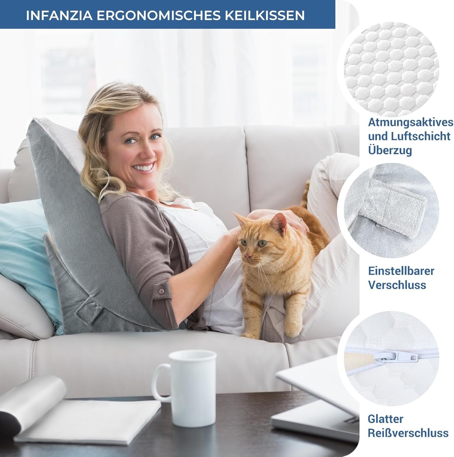 Oreiller compensé réglable, oreiller de lecture en mousse haute densité avec rouleau de cou pour lit et canapé, cale de lit ergonomique pour l'apnée du reflux du sommeil, oreiller de jambe, oreiller de dos pour lire, jouer ou regarder la télévision