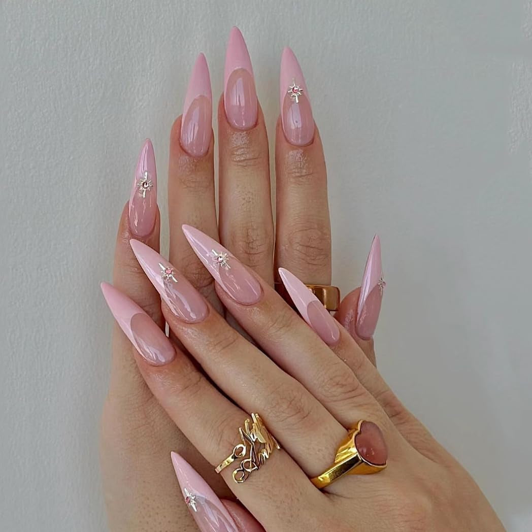 Mouyouglow longs ongles Stiletto laiteux blanc dégradé rose paillettes Cool faux ongles avec colle rose Ombre paillettes ongles artificiels