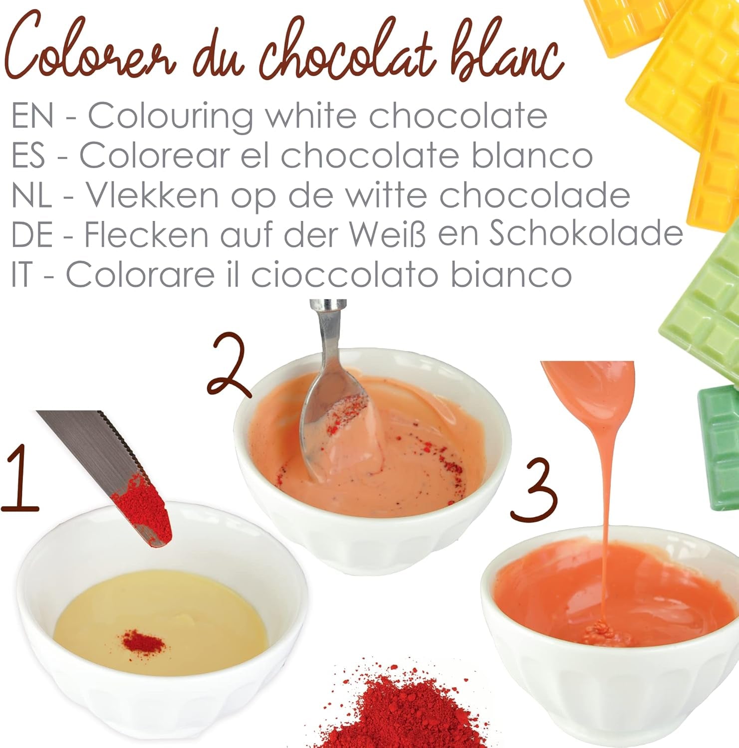 Peinture en poudre soluble dans l'huile de cuisson 4012, rouge, bleu et jaune, poids 15 g, 3 pièces colorées