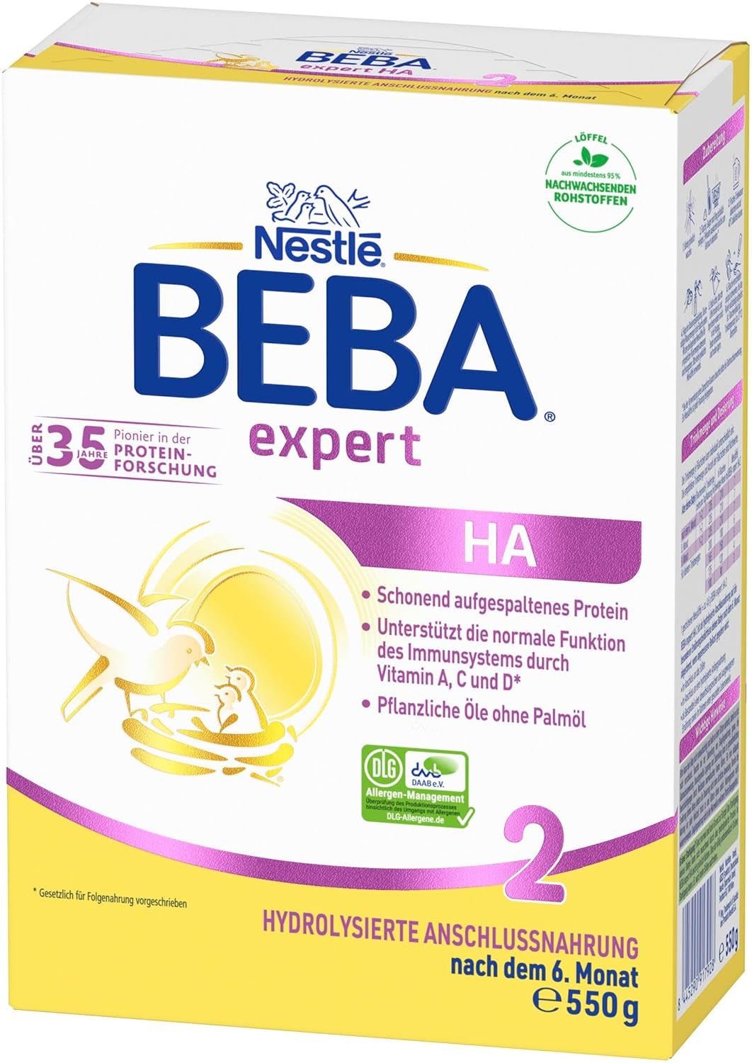 BEBA Expert HA 2 Lait de suite après 6 mois, aliment bébé aux protéines hydrolysées, lactose uniquement, sans huile de palme, lot de 6 (6 x 550 g) Naty Shop